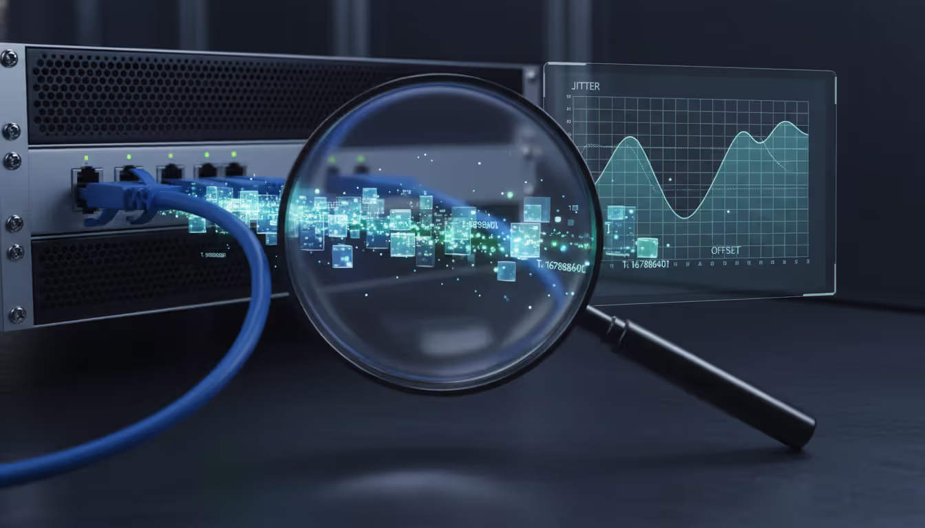 Network troubleshooting concept with magnifying glass over data packets showing timestamps and monitoring dashboard with jitter and offset graphs