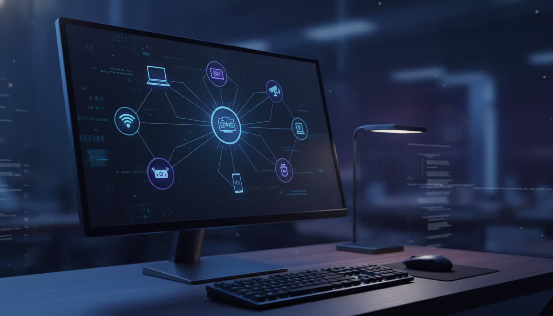 Modern workspace with a monitor displaying a network topology map showing connected devices like laptop, smartphone, router, and IoT gadgets in a dark cybersecurity-themed interface