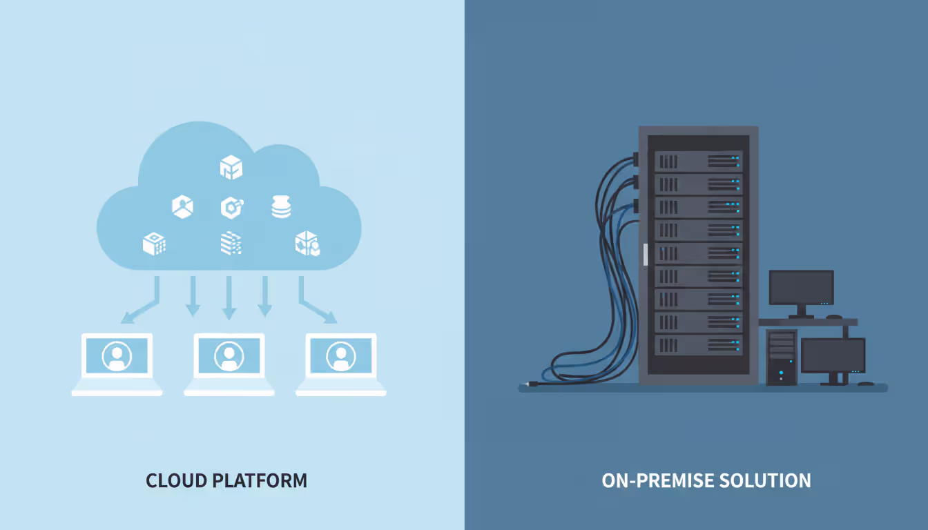 Cloud remote desktop platform with cloud icon and connected laptops compared to on-premise server rack solution side by side