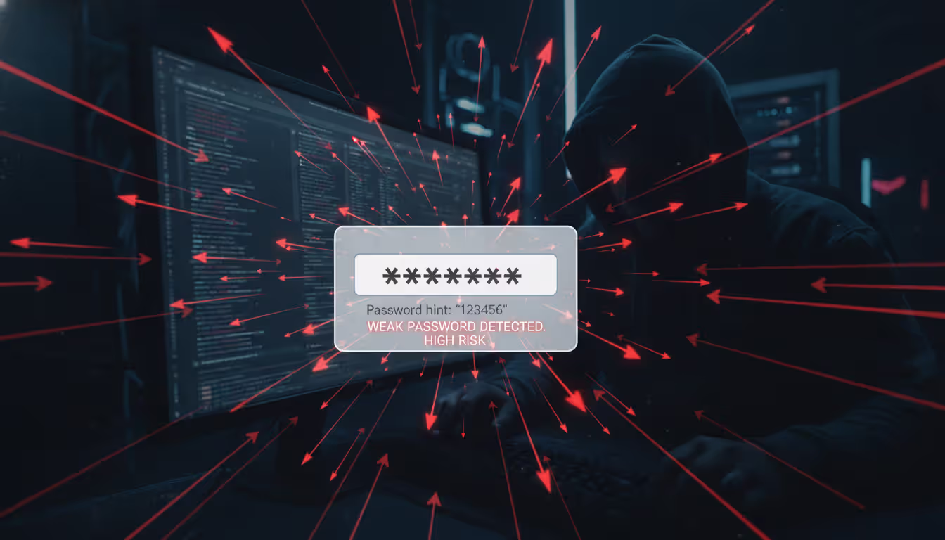 Brute force password attack visualization with red arrows targeting login field and dark hooded hacker figure in background viewing leaked credentials