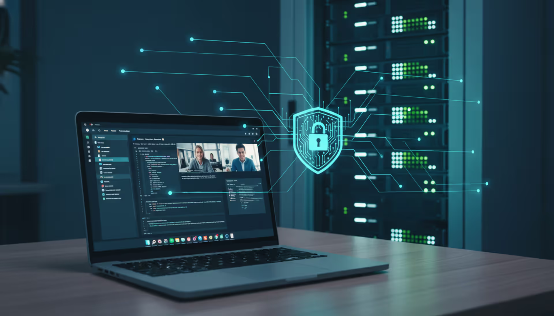 Secure remote desktop connection from home laptop to office server protected by digital shield with lock icon