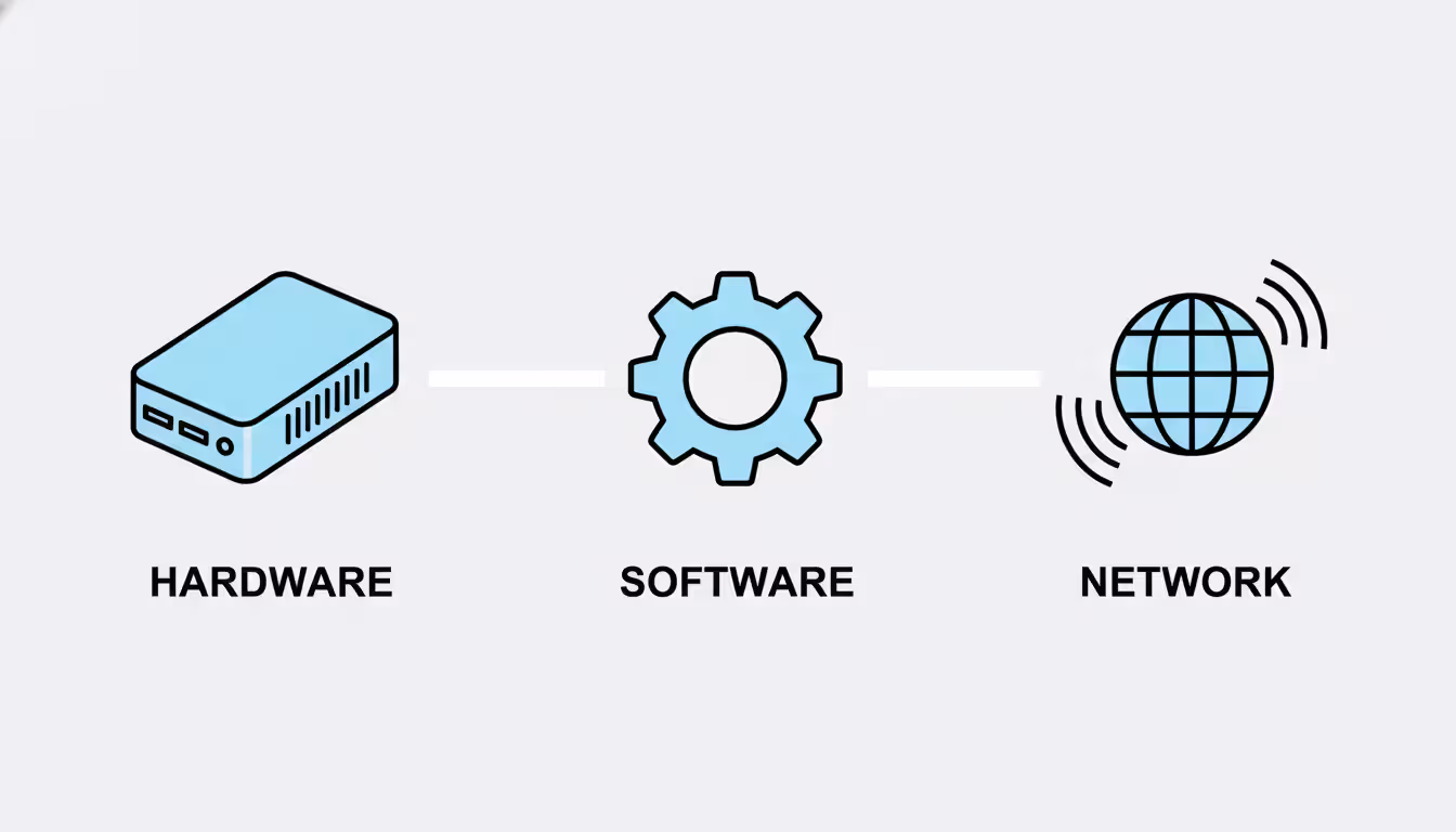 Minimalist infographic showing three components of self-hosting: physical hardware, software, and network connectivity connected in a chain
