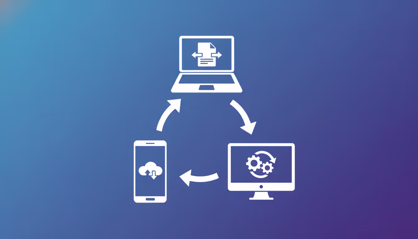Three devices smartphone laptop and desktop computer connected by bidirectional arrows illustrating peer-to-peer file synchronization