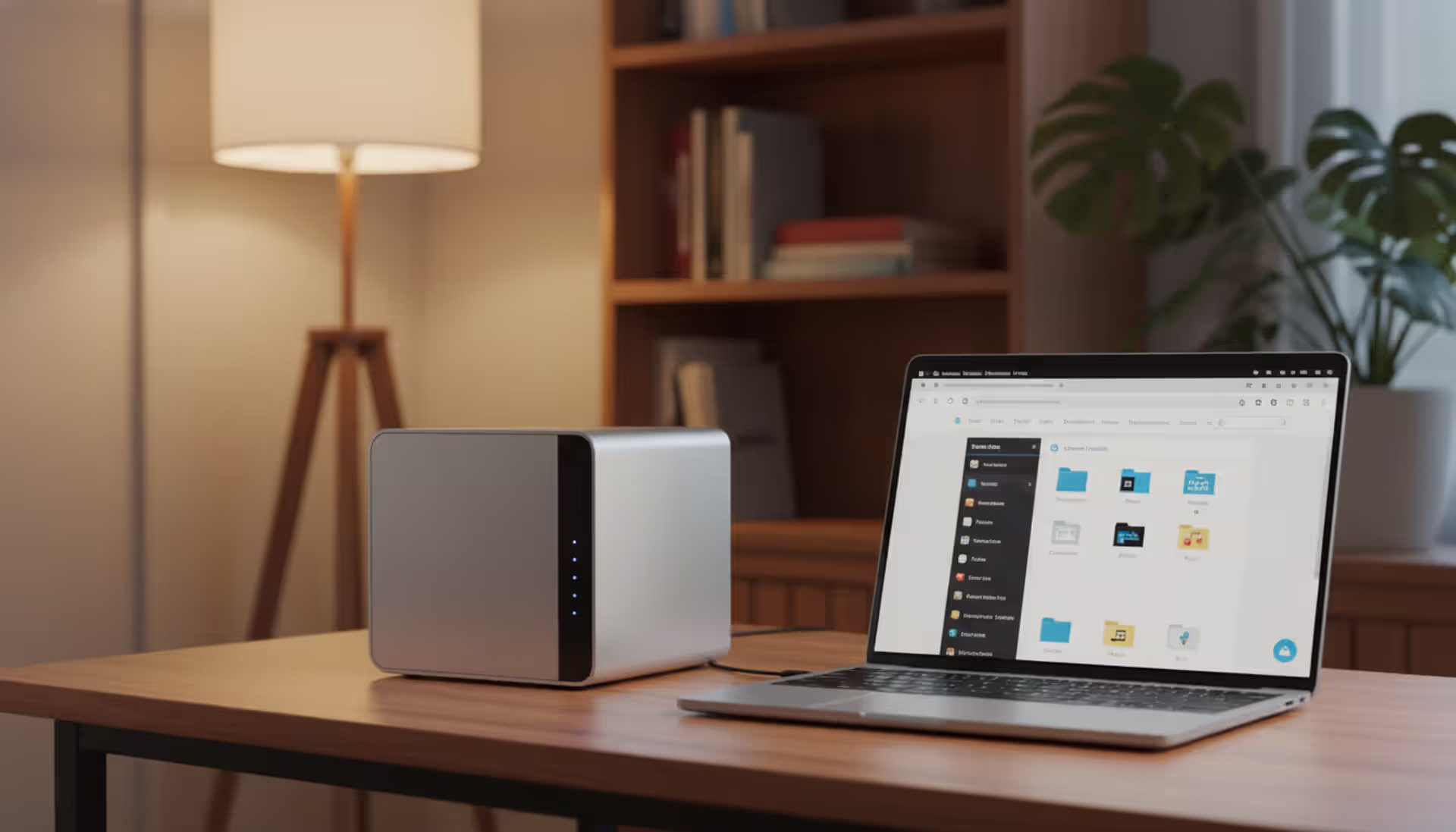 A compact home server and NAS device on a wooden desk next to an open laptop showing a file management dashboard in a cozy home office setting