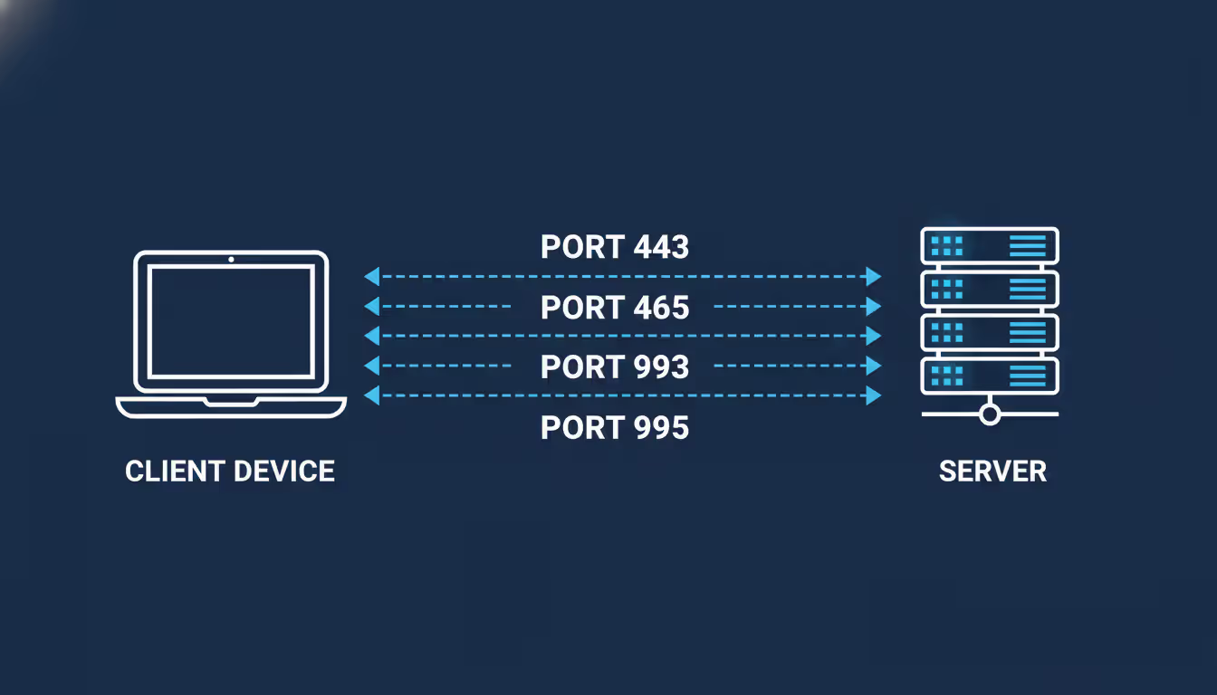 Infographic showing a laptop connected to a server through multiple network streams labeled with SSL TLS port numbers 443 465 993 995