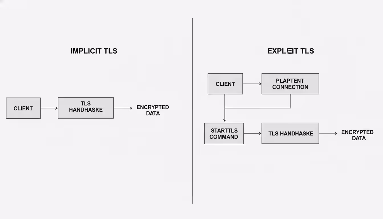 Diagram comparing implicit TLS and explicit TLS connection flows showing handshake steps and STARTTLS upgrade process