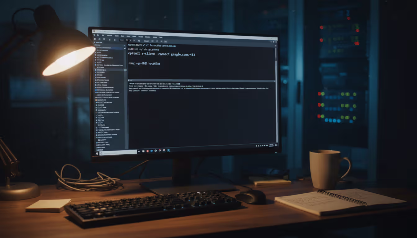 System administrator workstation with dark terminal screen showing openssl and nmap commands for SSL TLS port testing