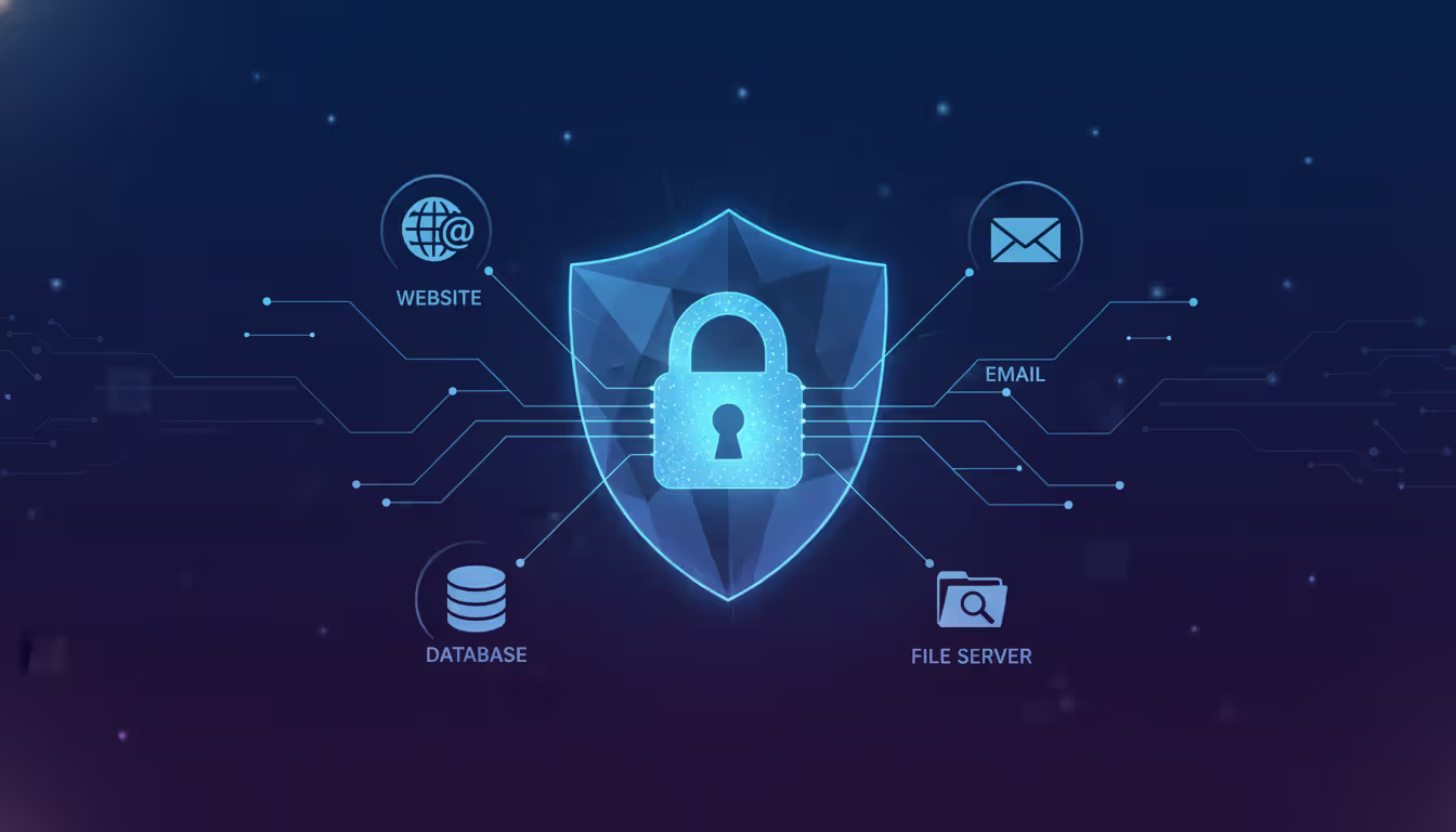 Digital padlock surrounded by a shield with network connection lines leading to web email database and file server icons representing SSL TLS security