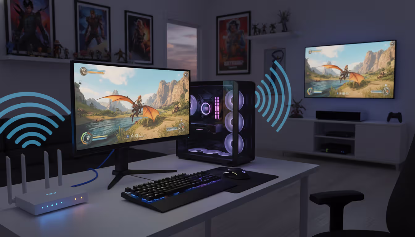 Gaming setup with desktop PC, monitor displaying a video game, WiFi router nearby with Ethernet cable connection and wireless signal waves reaching a console