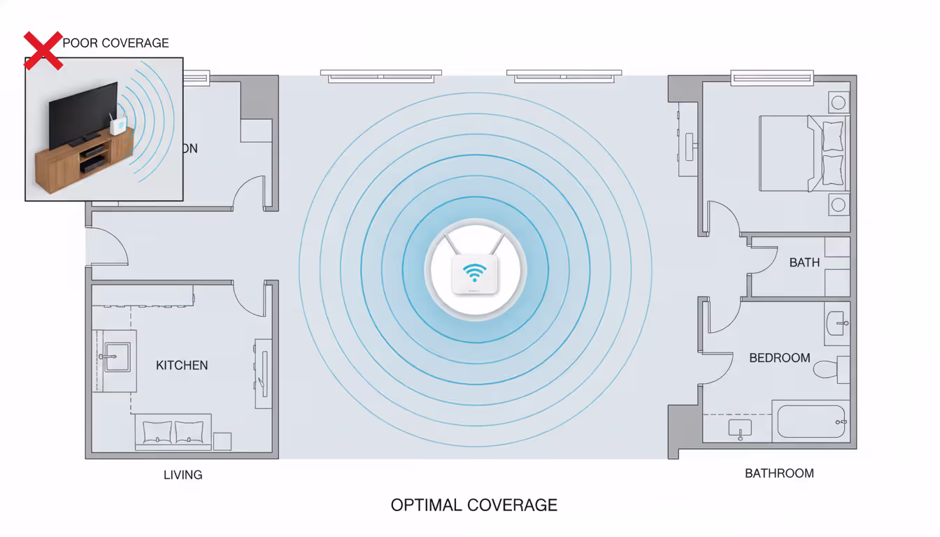 Top-down floor plan showing optimal WiFi router placement on elevated central shelf with signal waves covering all rooms, contrasted with incorrect placement behind TV in a cabinet