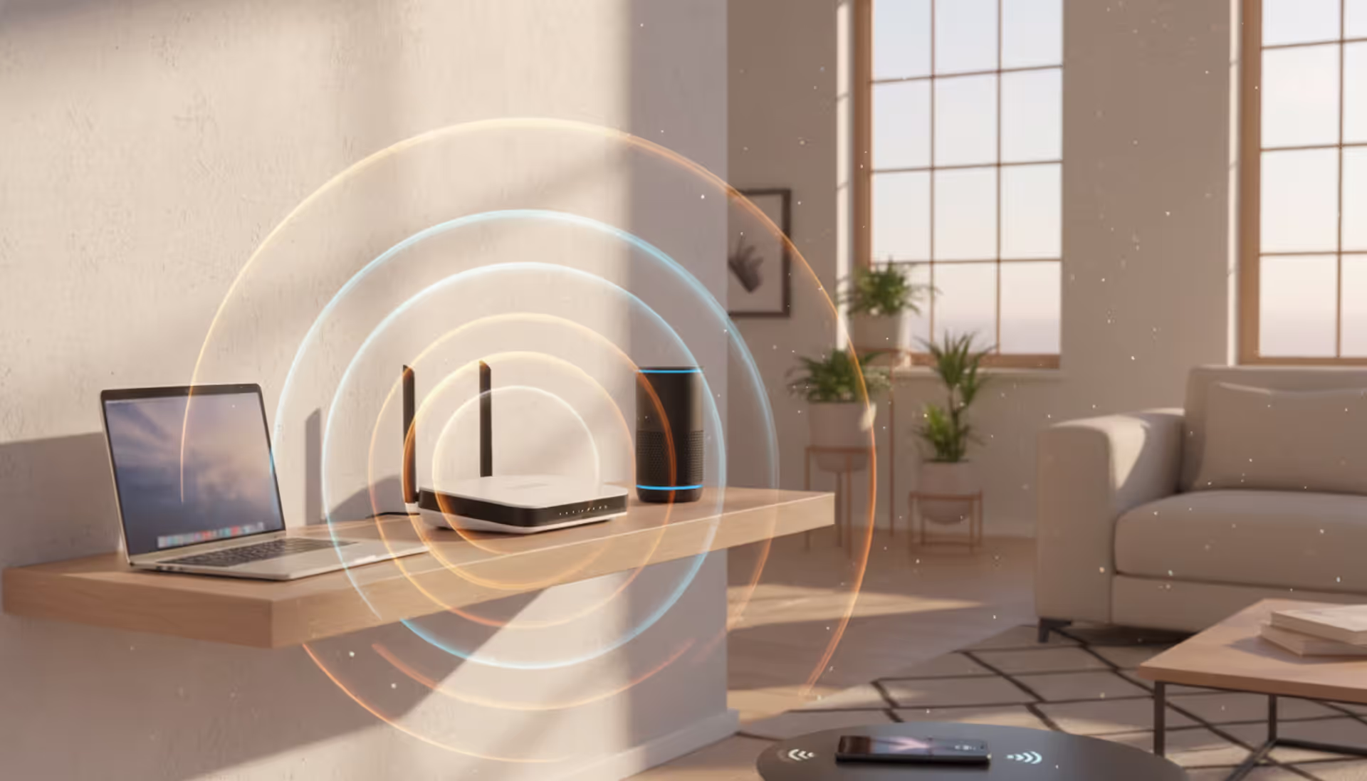 Modern WiFi router with antennas on a wooden shelf emitting translucent radio waves in a bright living room surrounded by smart devices