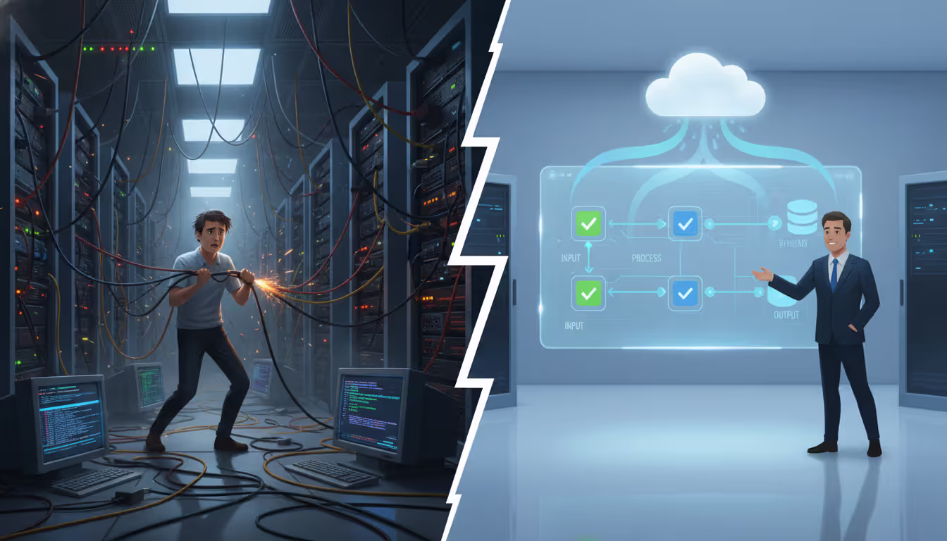Split-screen comparison showing cluttered on-premises server room with manual processes on left side versus clean automated cloud file transfer environment with workflow designer on right side