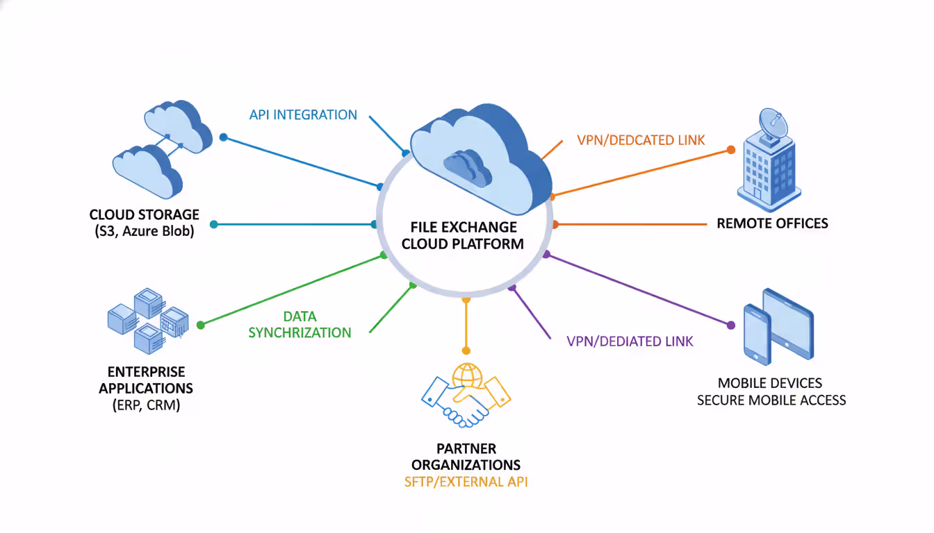 Isometric network architecture diagram showing central cloud file transfer platform connected to cloud storage services, enterprise applications, branch offices, mobile devices, and partner organizations with color-coded connection lines on white background
