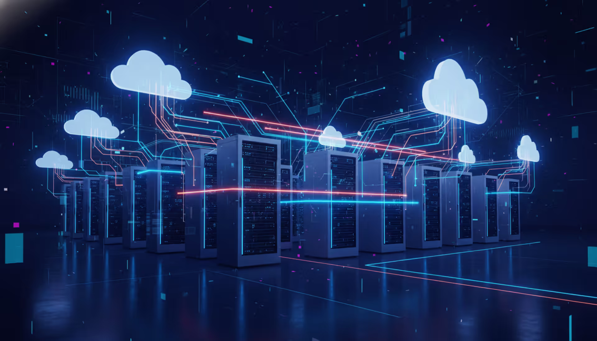 Modern cloud data center with glowing data flow lines connecting server racks to cloud icons, dark blue background with neon accents, professional technology illustration