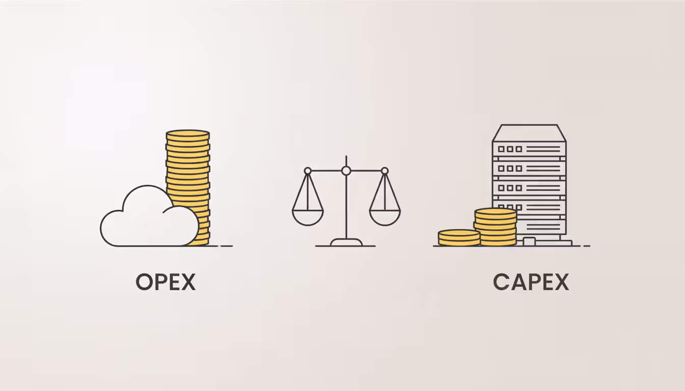 Balance scale comparing cloud OPEX costs shown as recurring coins next to a cloud icon versus on-premise CAPEX costs shown as a large upfront investment next to a server rack