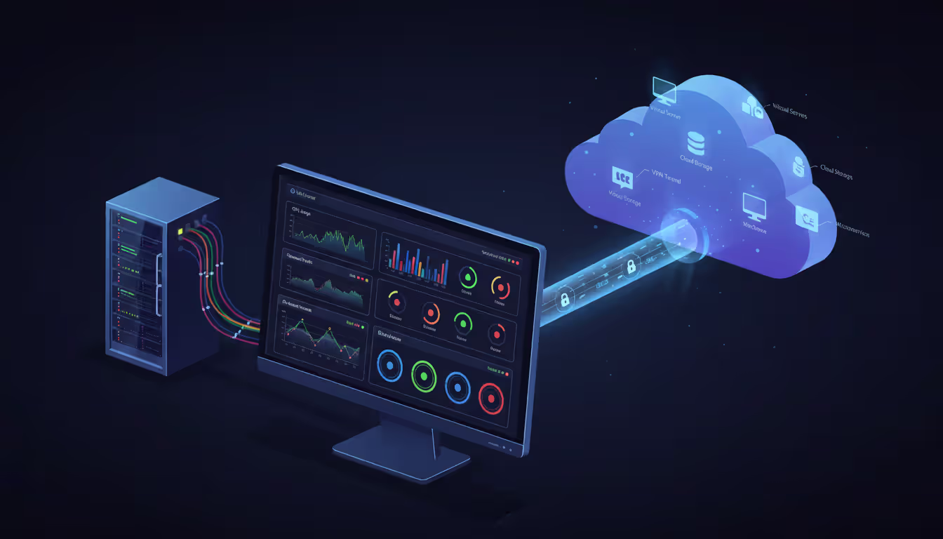 IT operations monitoring dashboard displaying workload distribution between on-premise server rack and cloud virtual machines connected through a secure VPN tunnel