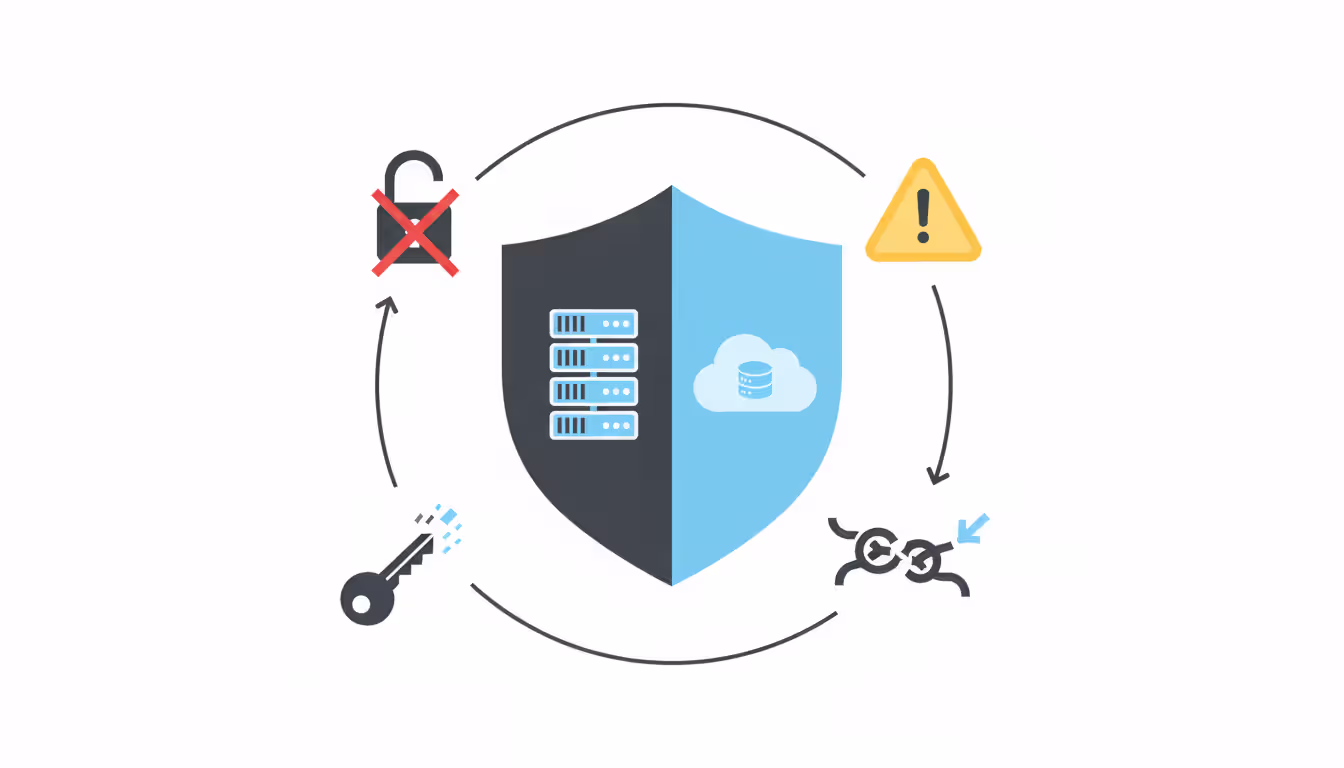Security shield split in half representing on-premise and cloud environments surrounded by cybersecurity icons including lock, warning sign, key, and network connection symbols
