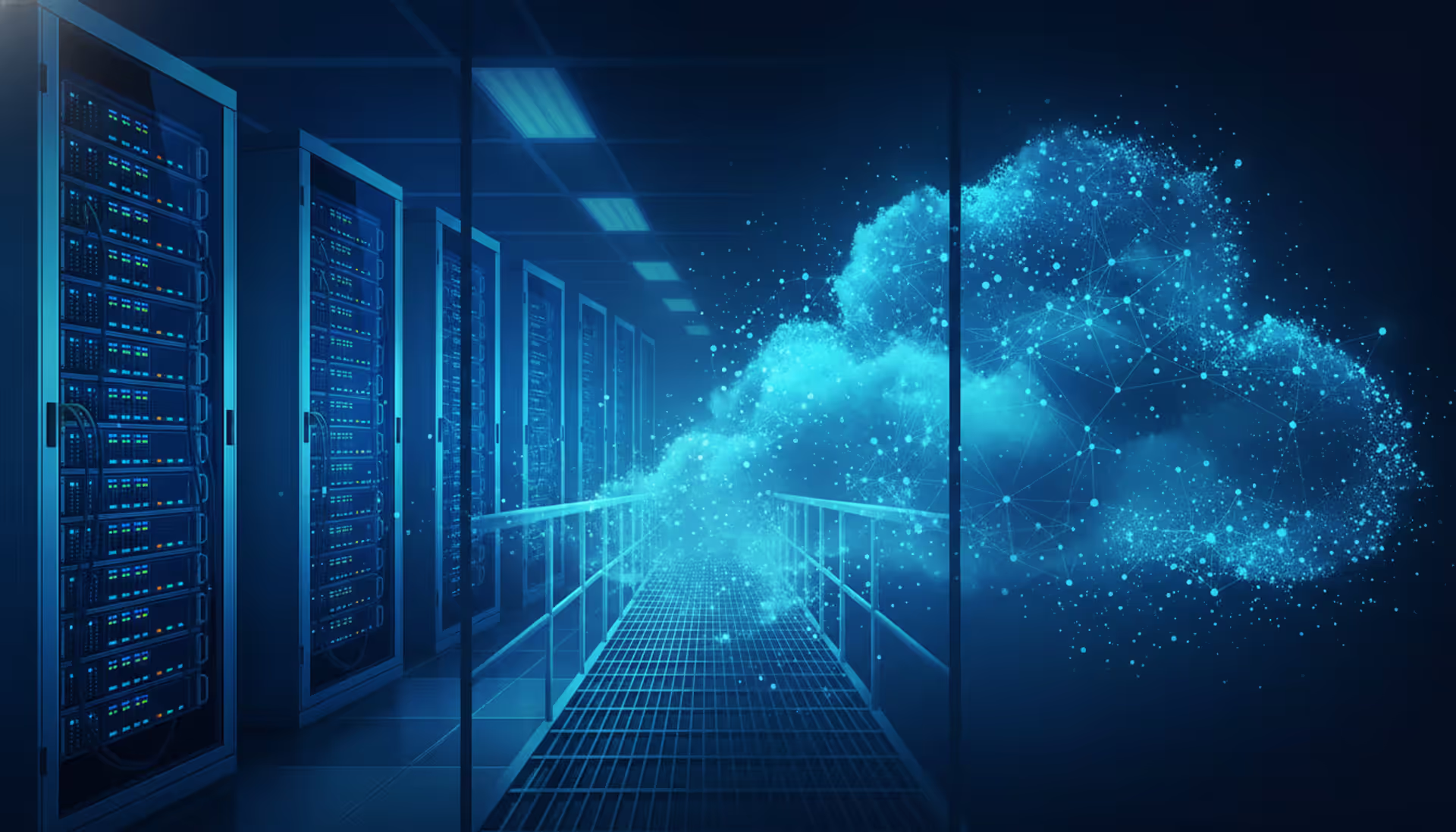 Modern data center server room on the left connected by glowing network lines to an abstract cloud infrastructure visualization on the right, representing hybrid IT infrastructure concept
