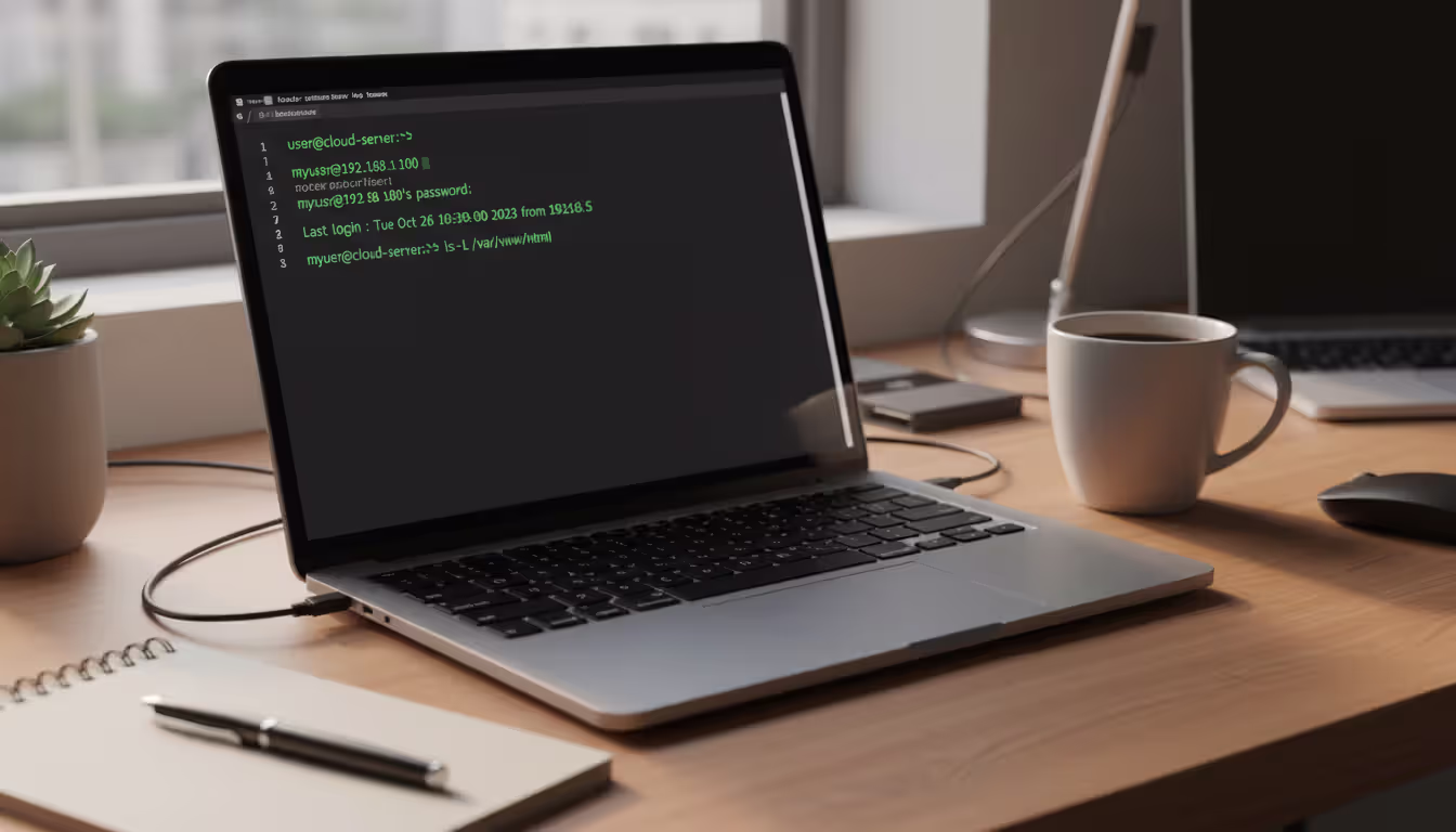 Developer laptop screen showing terminal with SSH connection to cloud server on a desk with coffee cup