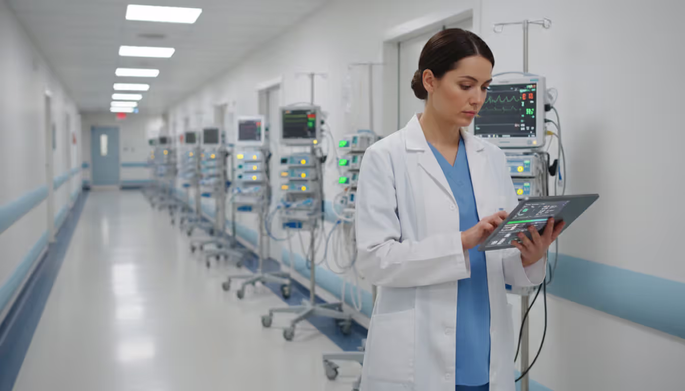 Biomedical engineer in hospital corridor checking tablet with medical device monitoring dashboard, infusion pumps and patient monitors visible in background