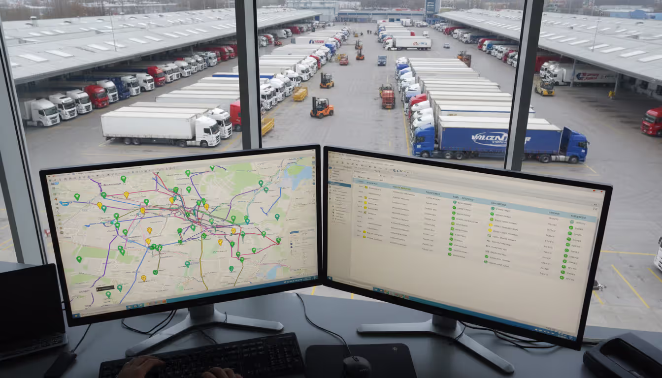 Fleet management dispatcher workspace with dual monitors showing route map and device status list, trucks parked at logistics terminal in background