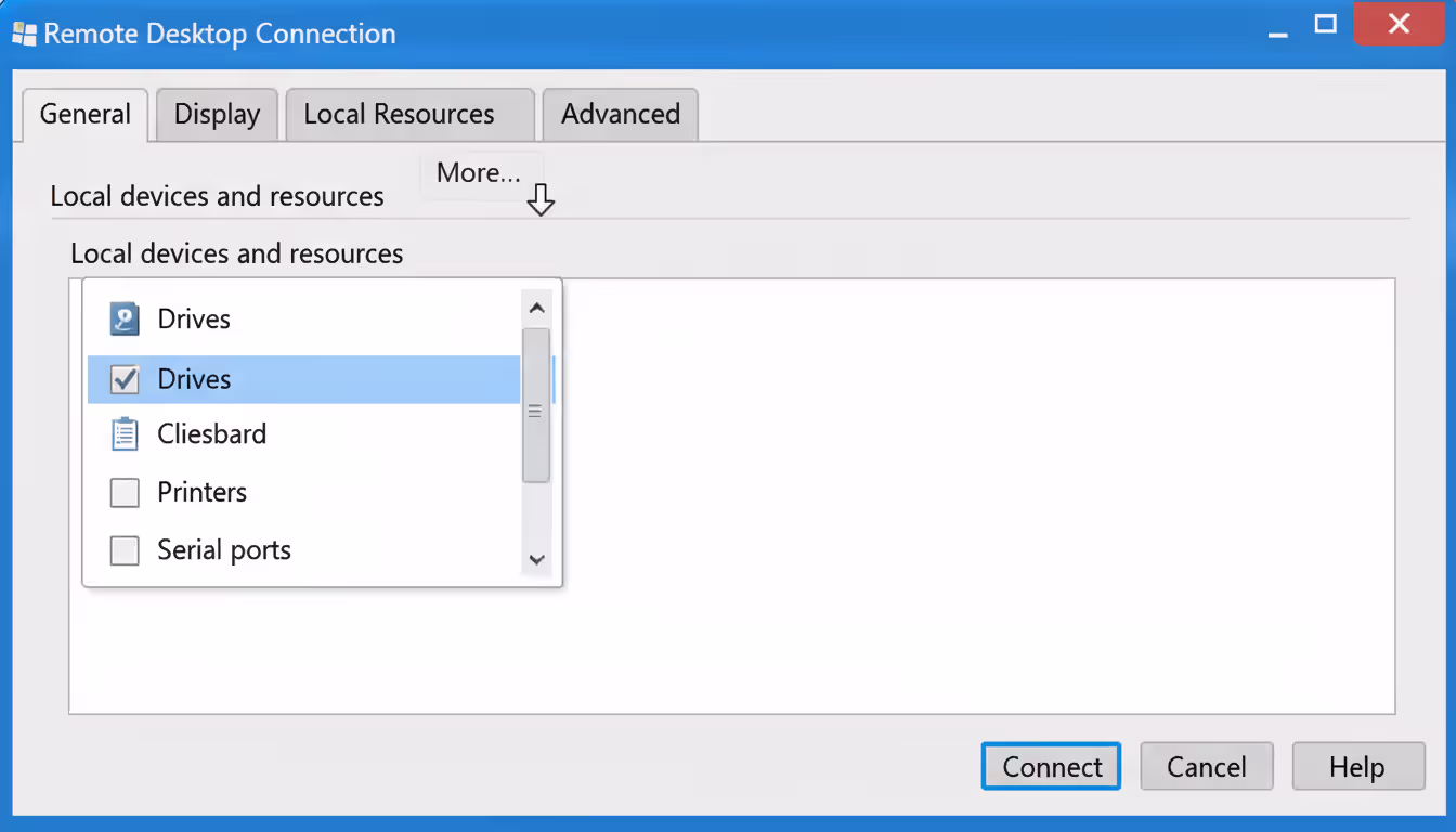 Windows Remote Desktop Connection settings window with Local Resources tab open showing Drives and Clipboard checkboxes enabled