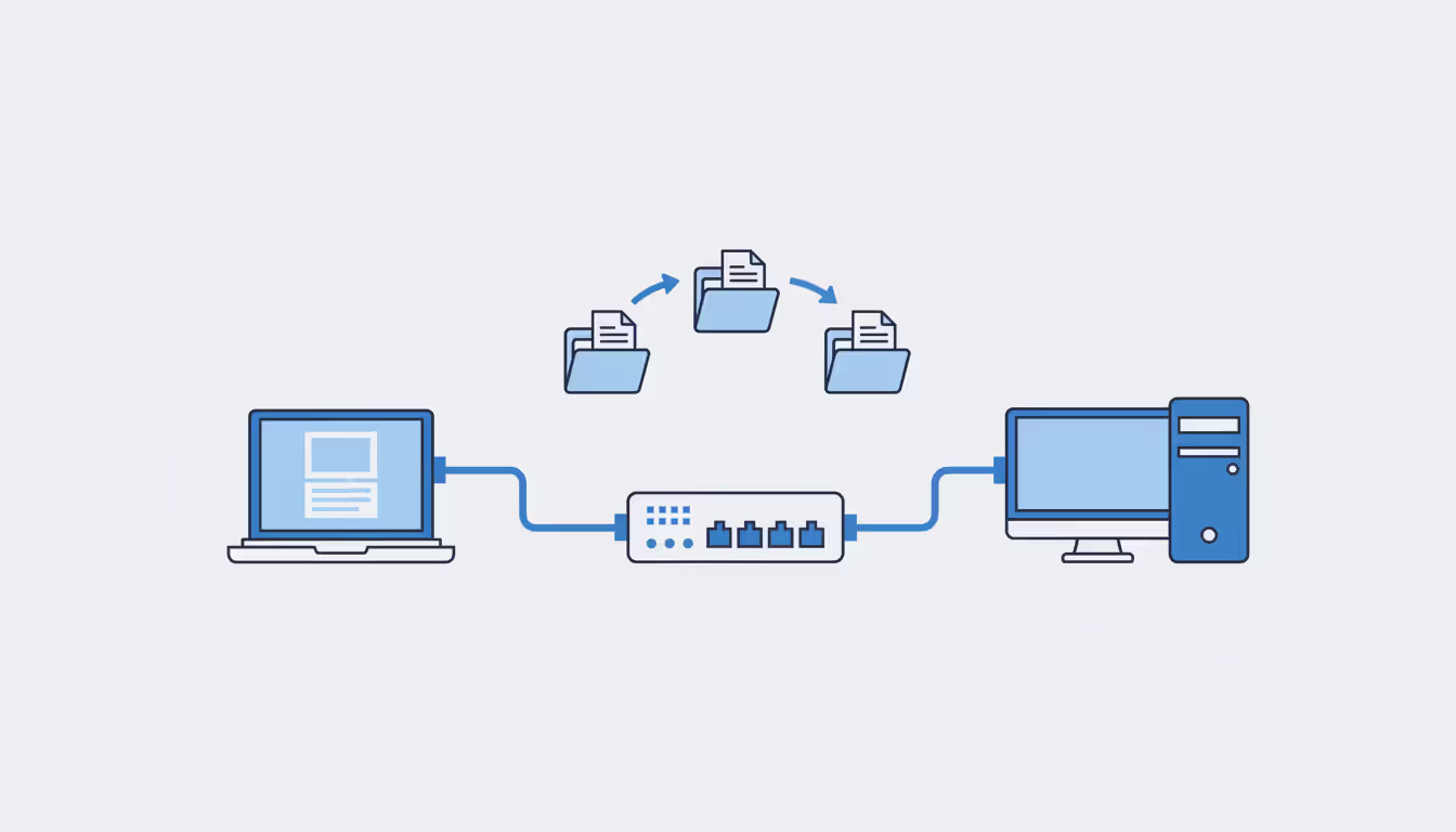 Two computers connected via Ethernet switch on a local network with folder icons transferring between them