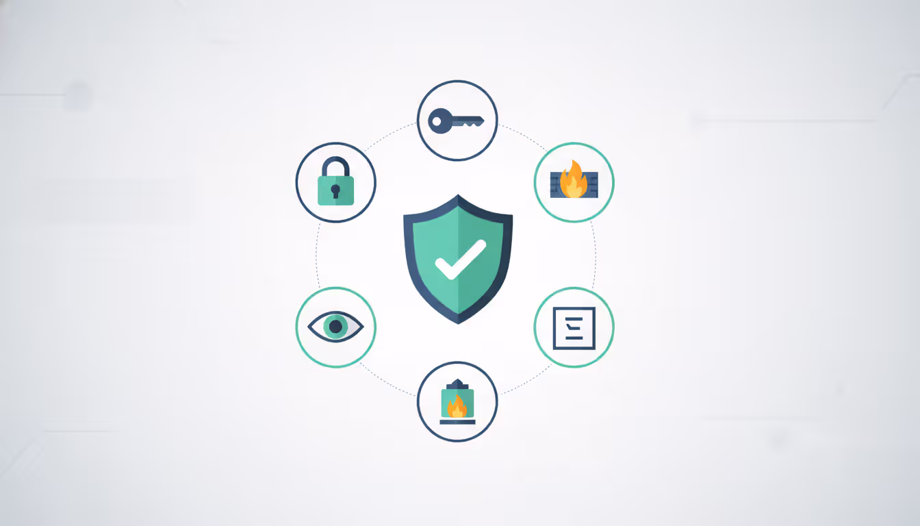 Security infographic with a central shield icon surrounded by icons representing encryption, authentication, firewall, monitoring, and file integrity verification