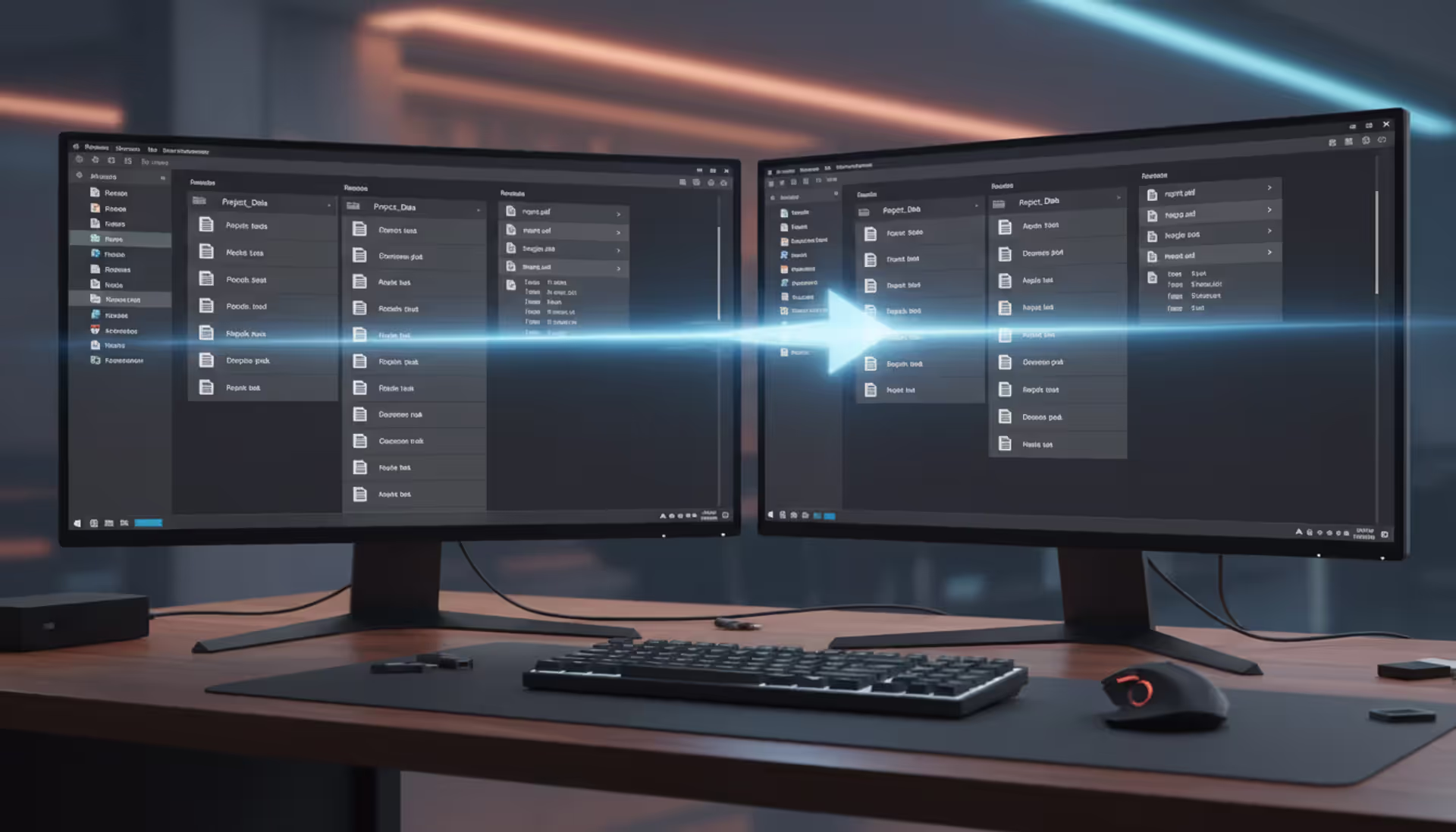 Two computer monitors on a modern office desk showing file manager windows with a glowing data transfer arrow between them