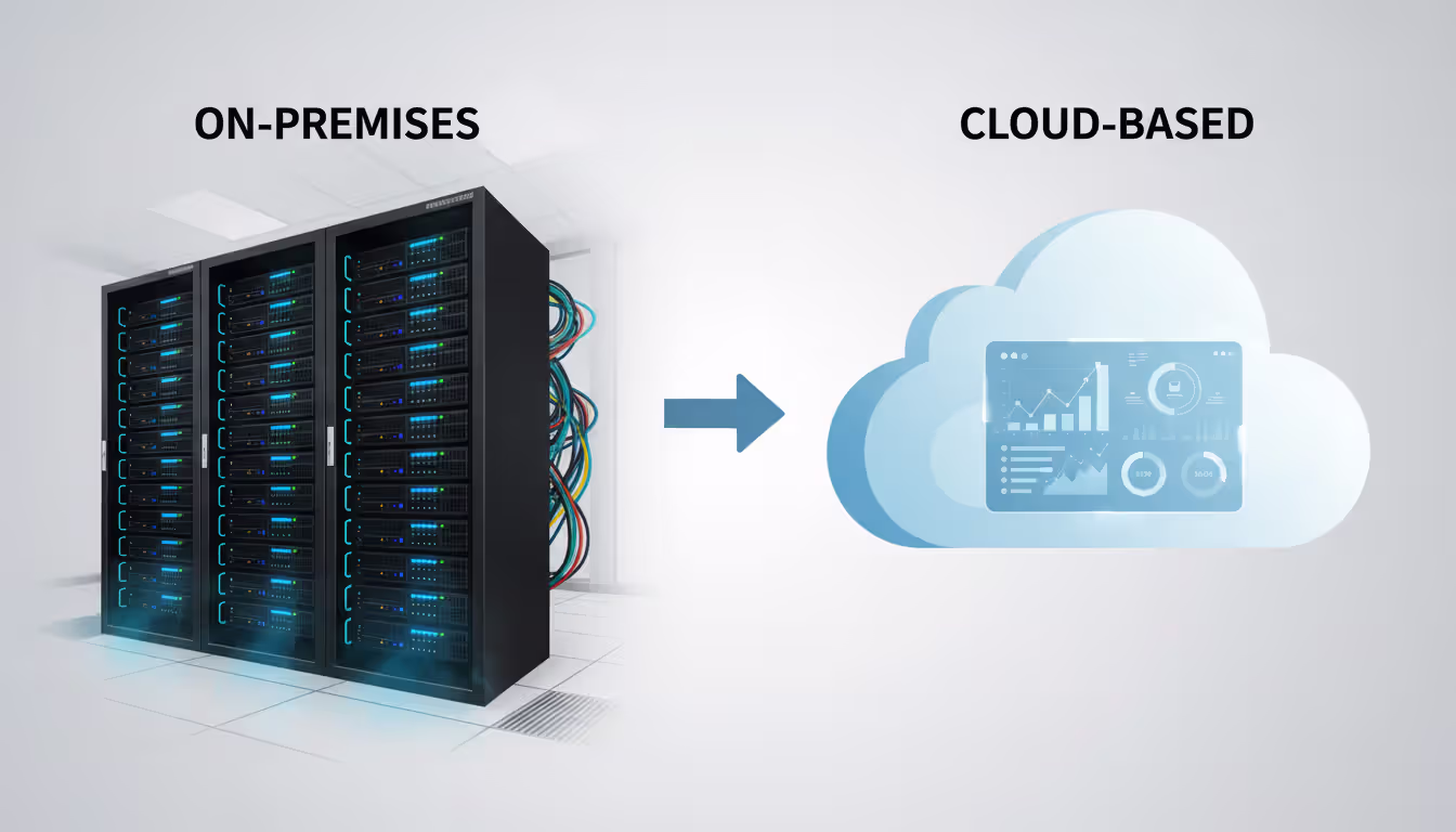 Comparison illustration of on-premises server rack monitoring setup versus cloud-based monitoring platform with dashboard, connected by a bidirectional arrow