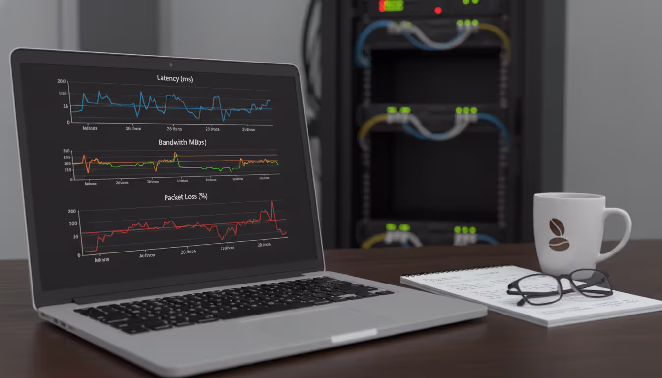 Network administrator laptop screen showing WAN monitoring dashboard with latency, bandwidth and packet loss graphs, notebook and coffee cup on desk