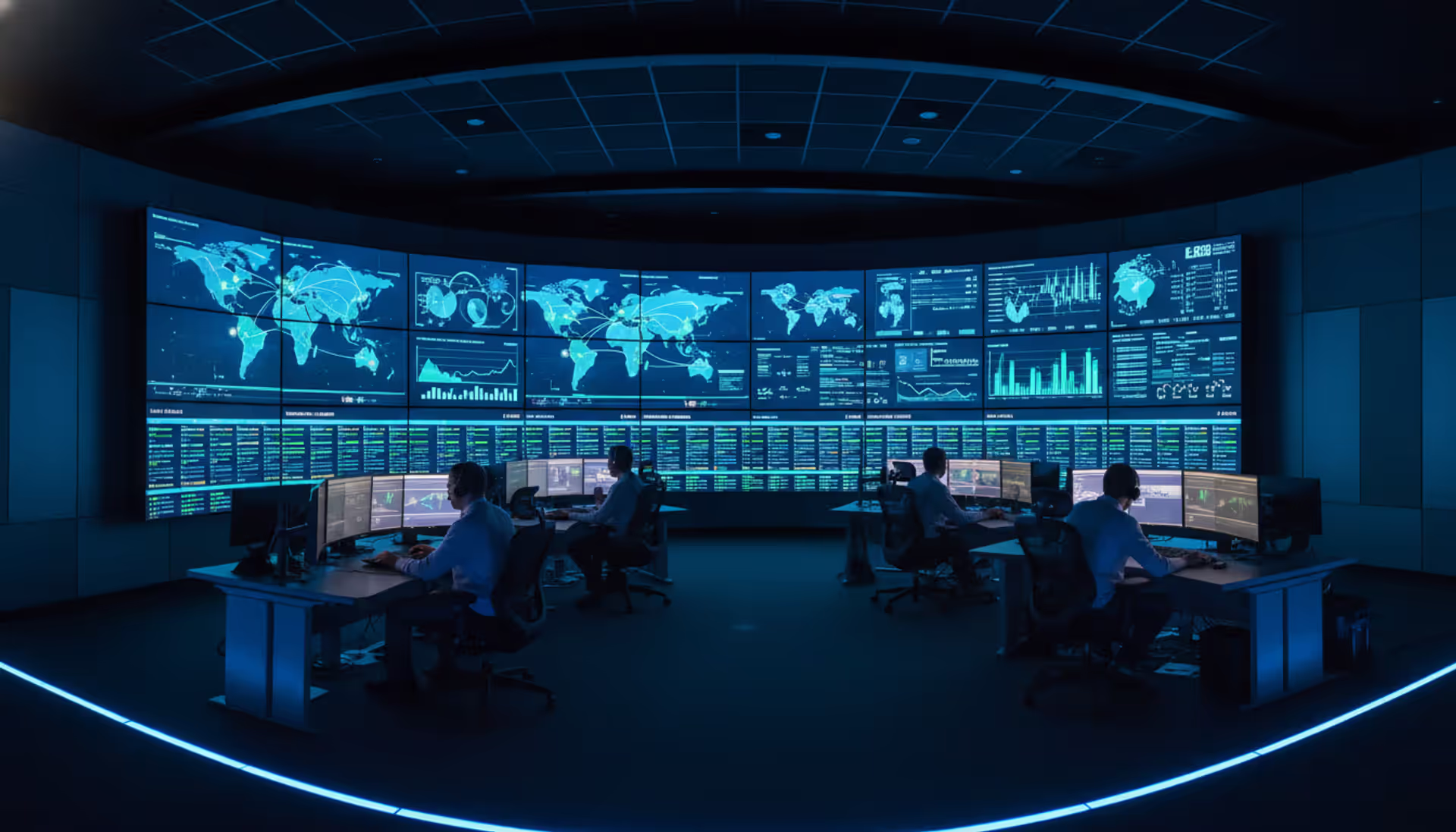 Wide area network operations center with large wall displays showing network maps, performance graphs and connection status indicators between multiple cities