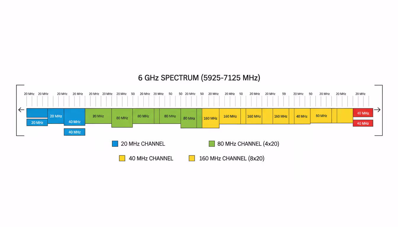 Diagram showing WiFi 6E 6 GHz spectrum divided into channel widths of 20 MHz 40 MHz 80 MHz and 160 MHz with color coded blocks illustrating channel bonding