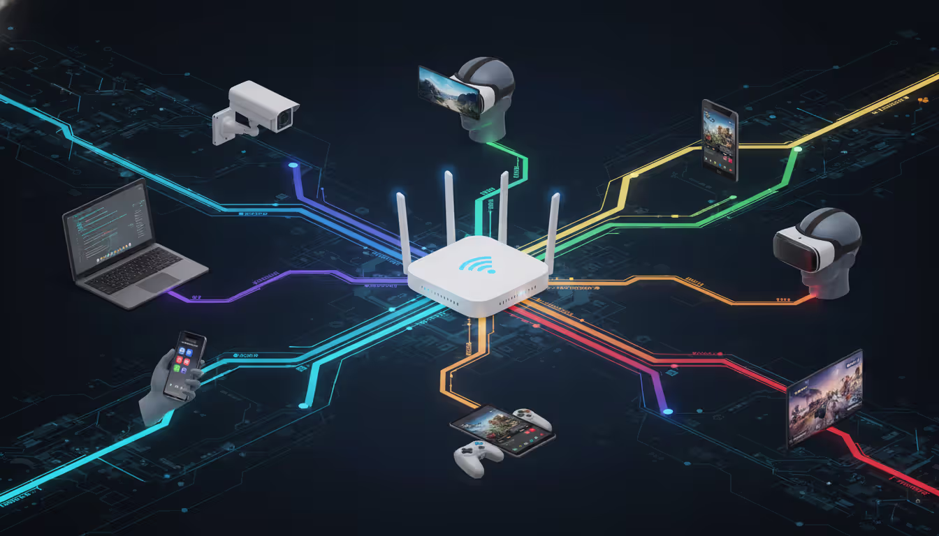 WiFi 6E router in center sending multiple simultaneous colored data streams to various devices including laptop smartphone VR headset security camera tablet and gaming console illustrating OFDMA and MU-MIMO technology