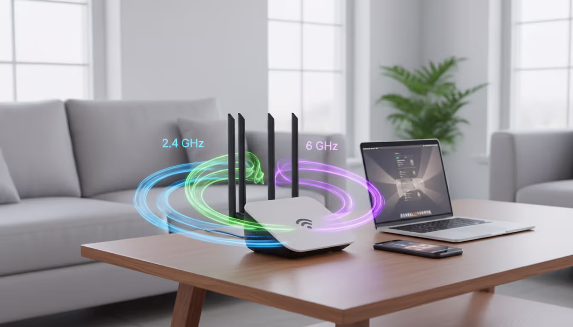 Modern tri-band WiFi 6E router with three antennas on a desk emitting three colored signal waves representing 2.4 GHz 5 GHz and 6 GHz bands with laptop and smartphone nearby in a bright living room