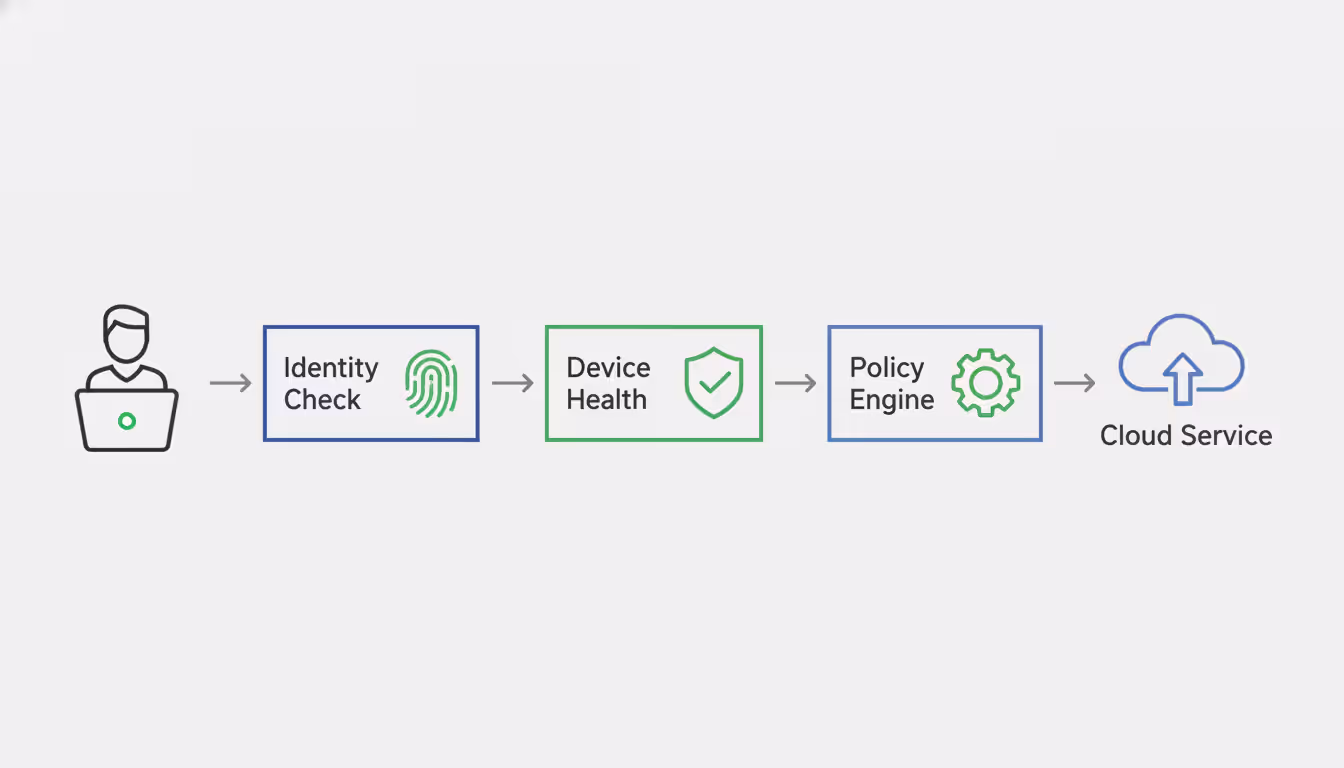 Step-by-step diagram showing zero trust VPN verification flow from user through identity check, device health assessment, policy engine to specific application access