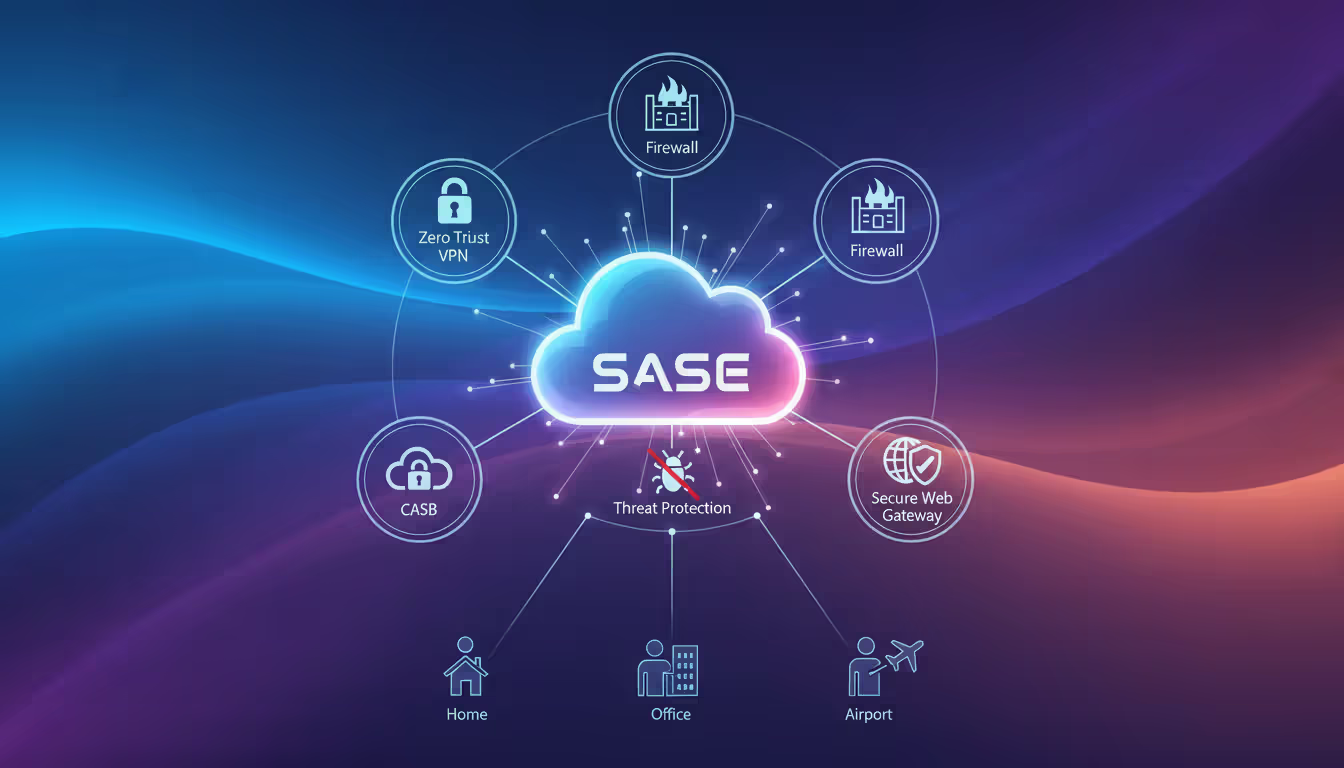 SASE cloud platform diagram showing convergence of zero trust VPN, firewall, secure web gateway, CASB, and threat protection services connected to remote users in different locations