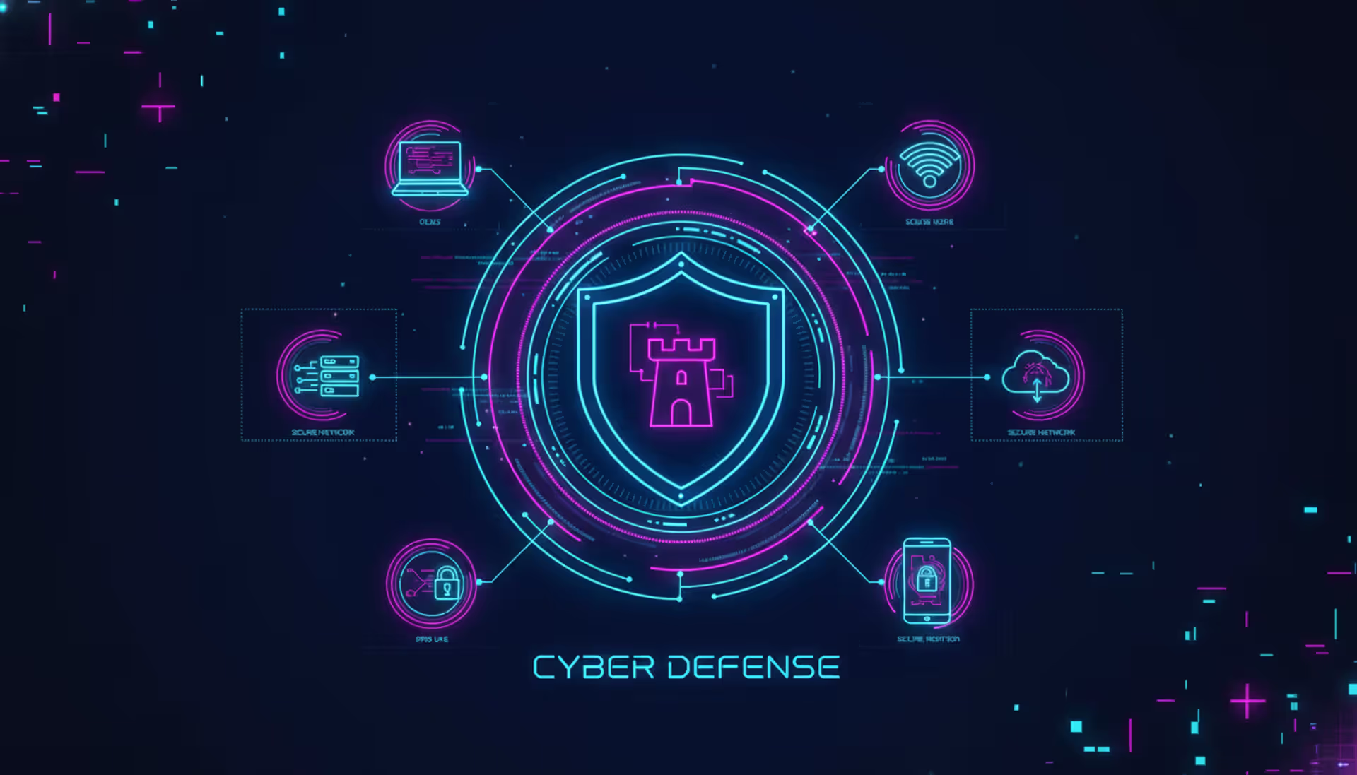 Digital shield with layered cybersecurity protection surrounded by laptop, smartphone, cloud server, and encrypted connection lines on dark blue background