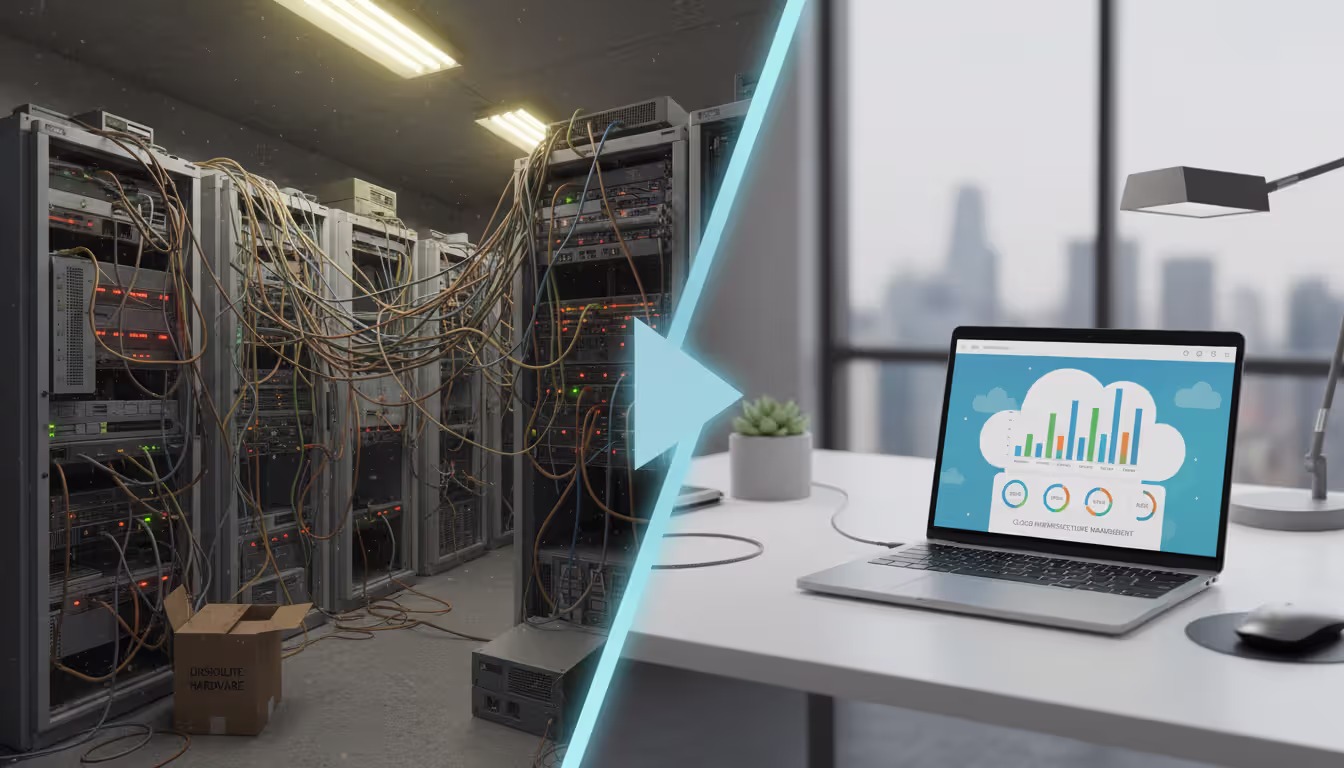 Side-by-side comparison of a cluttered on-premise server room versus a clean modern workspace with a laptop showing a cloud management dashboard