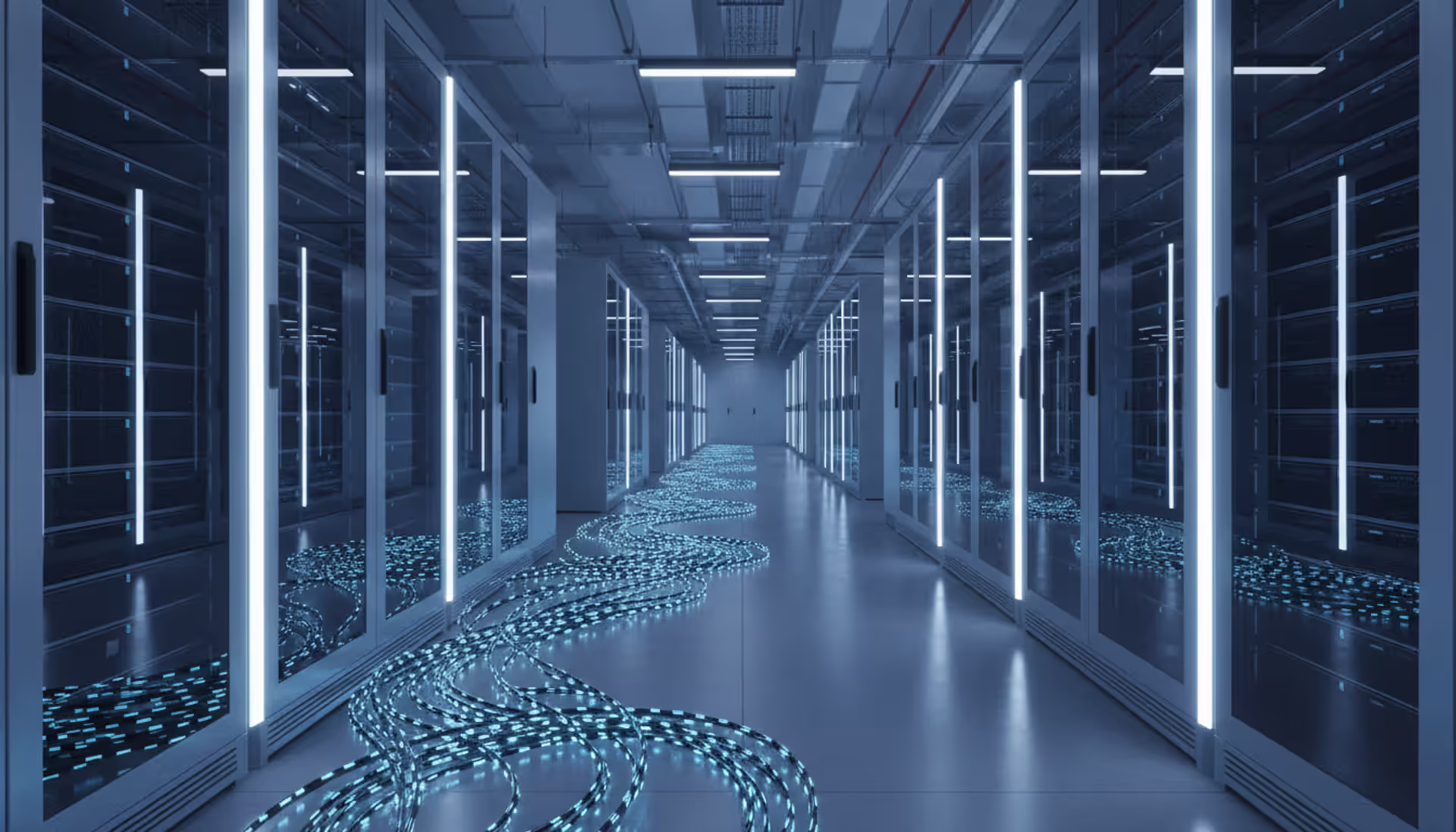 Modern cloud data center with illuminated server racks in blue and white LED lights and fiber optic cables in a clean high-tech facility