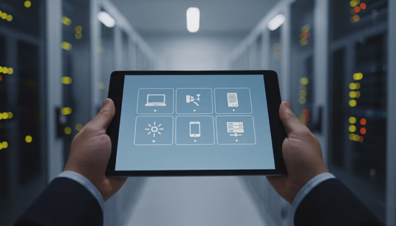 IT specialist holding a tablet with device management dashboard showing icons of laptops, smartphones, sensors, and servers, server racks blurred in background