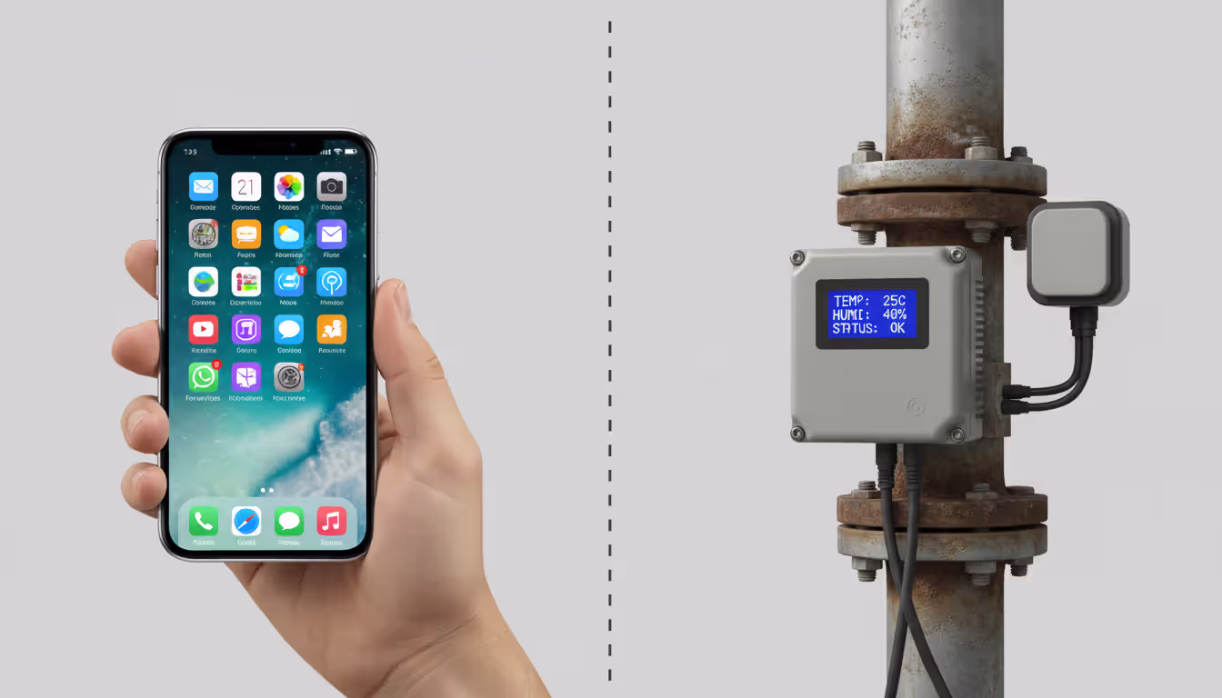 Side-by-side comparison of a modern smartphone with app icons on the left and a small industrial IoT sensor attached to a metal pipe on the right, divided by a dotted line