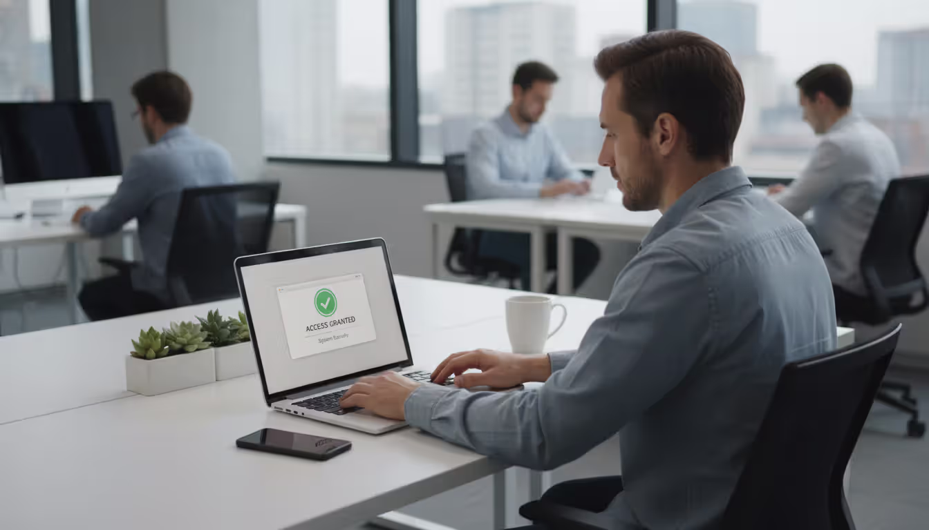 Office worker at a desk looking at a laptop screen showing a security approval notification with a green checkmark, smartphone on the desk, modern open-space office