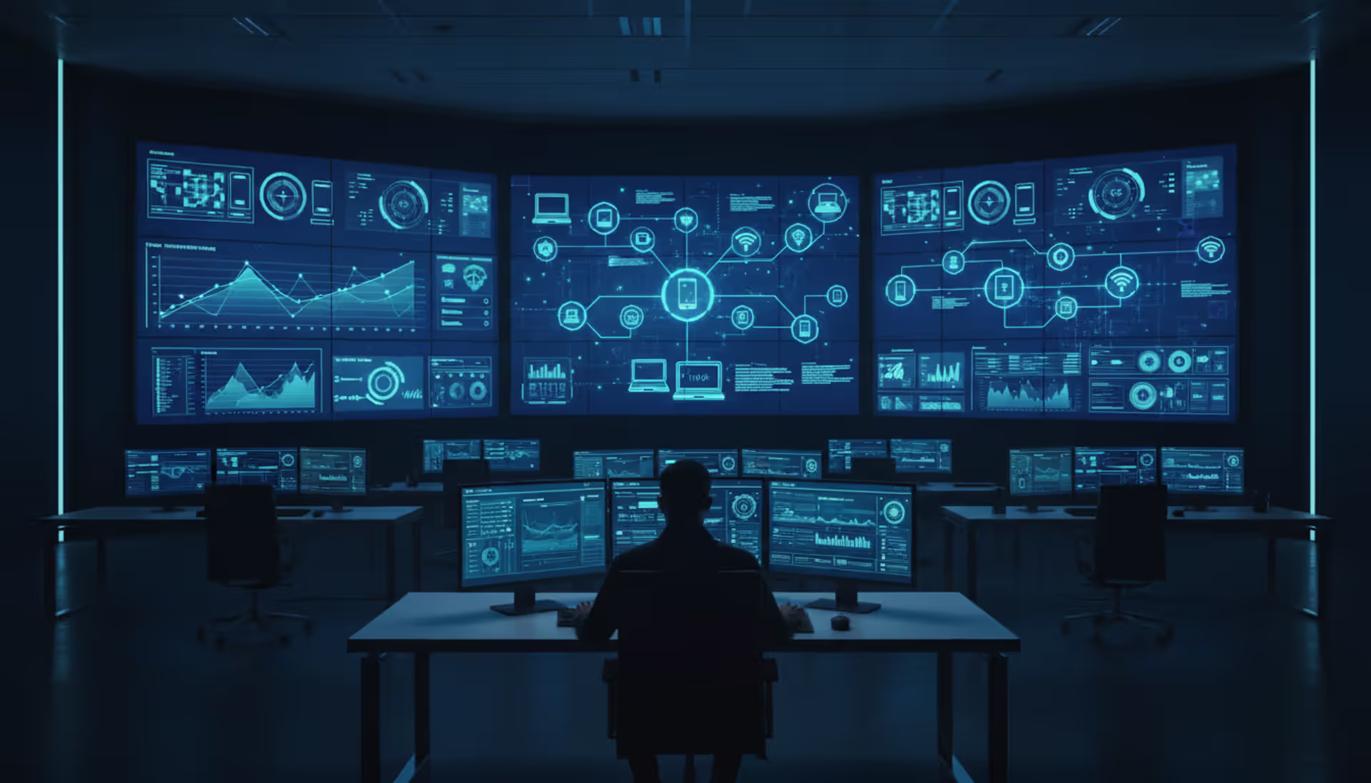 Modern IT command center with large monitoring screens displaying device fleet dashboards, smartphones, laptops, and IoT sensor status icons