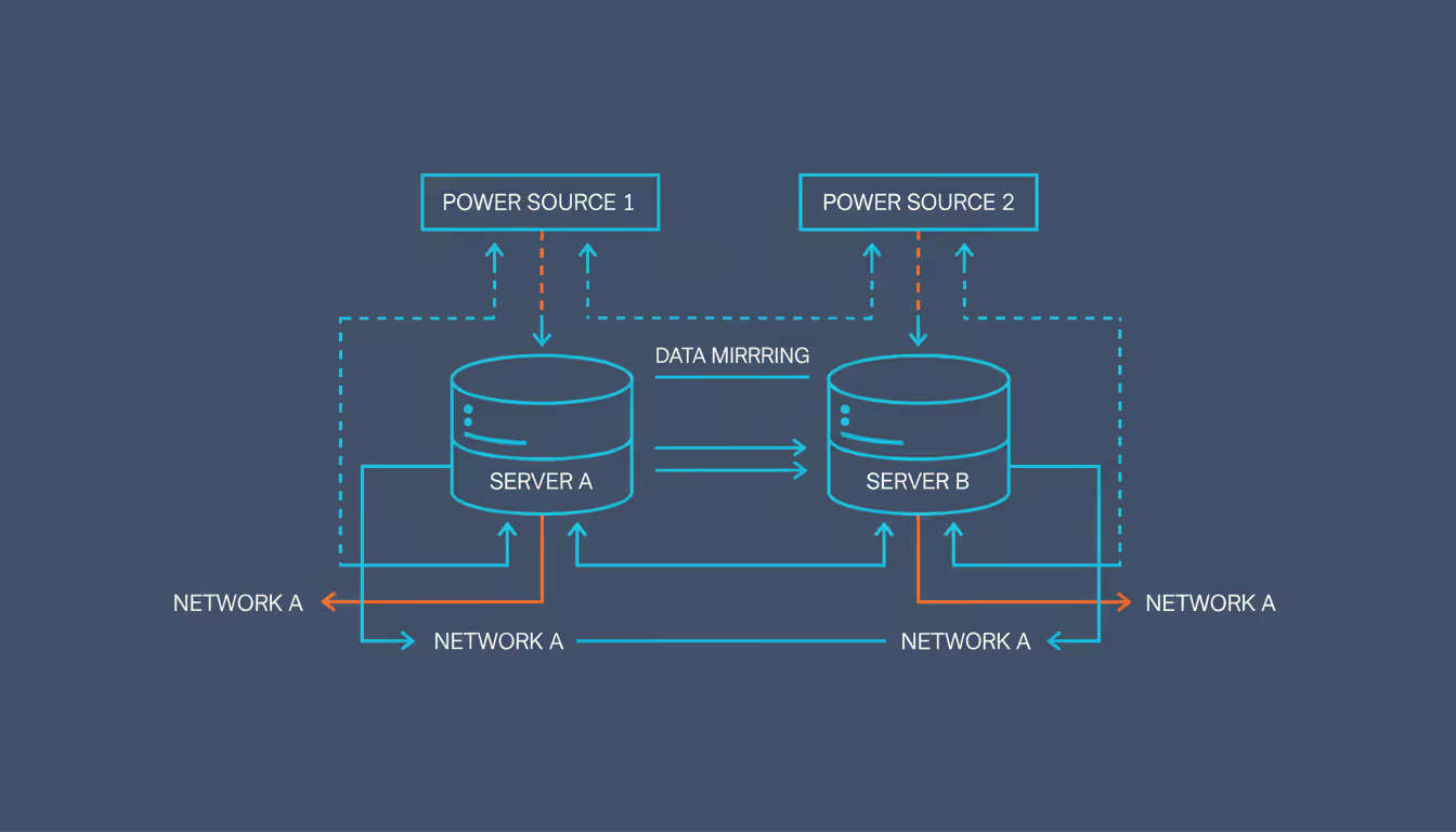 Diagram showing redundant infrastructure architecture with duplicate servers, independent power supplies and separate network connections