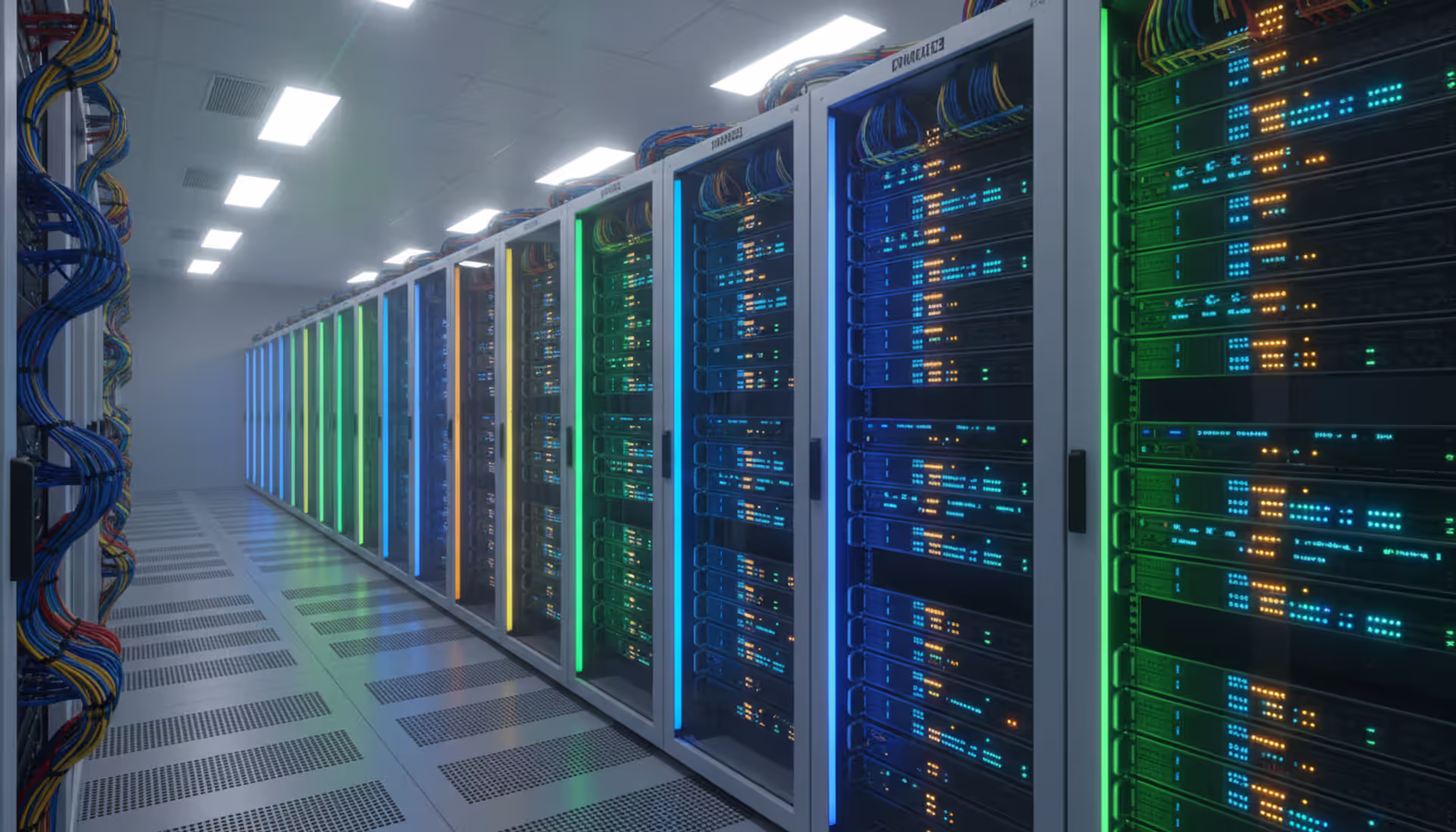 Modern data center server room with rows of illuminated server racks and network cables representing high availability infrastructure