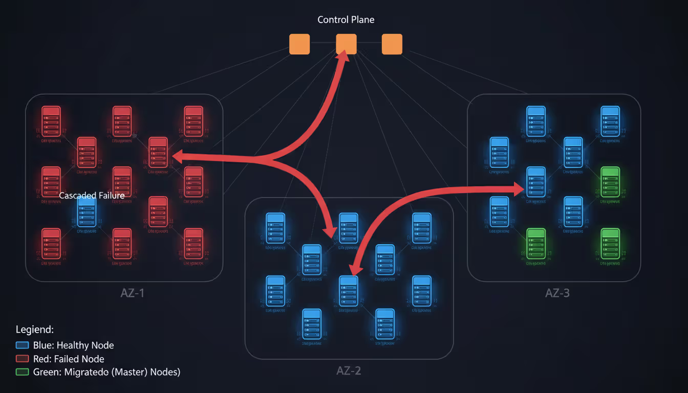 Kubernetes cluster map visualization showing nodes across multiple availability zones with cascading failure highlighted in red and pod migration arrows pointing to healthy nodes