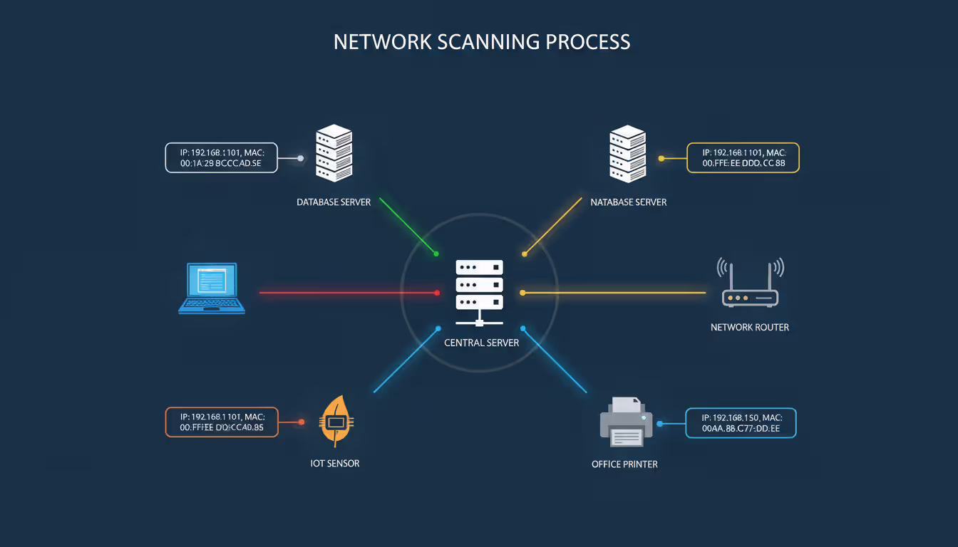 Infographic comparing active network discovery with probe packets sent to devices versus passive discovery analyzing existing traffic flows without injecting packets