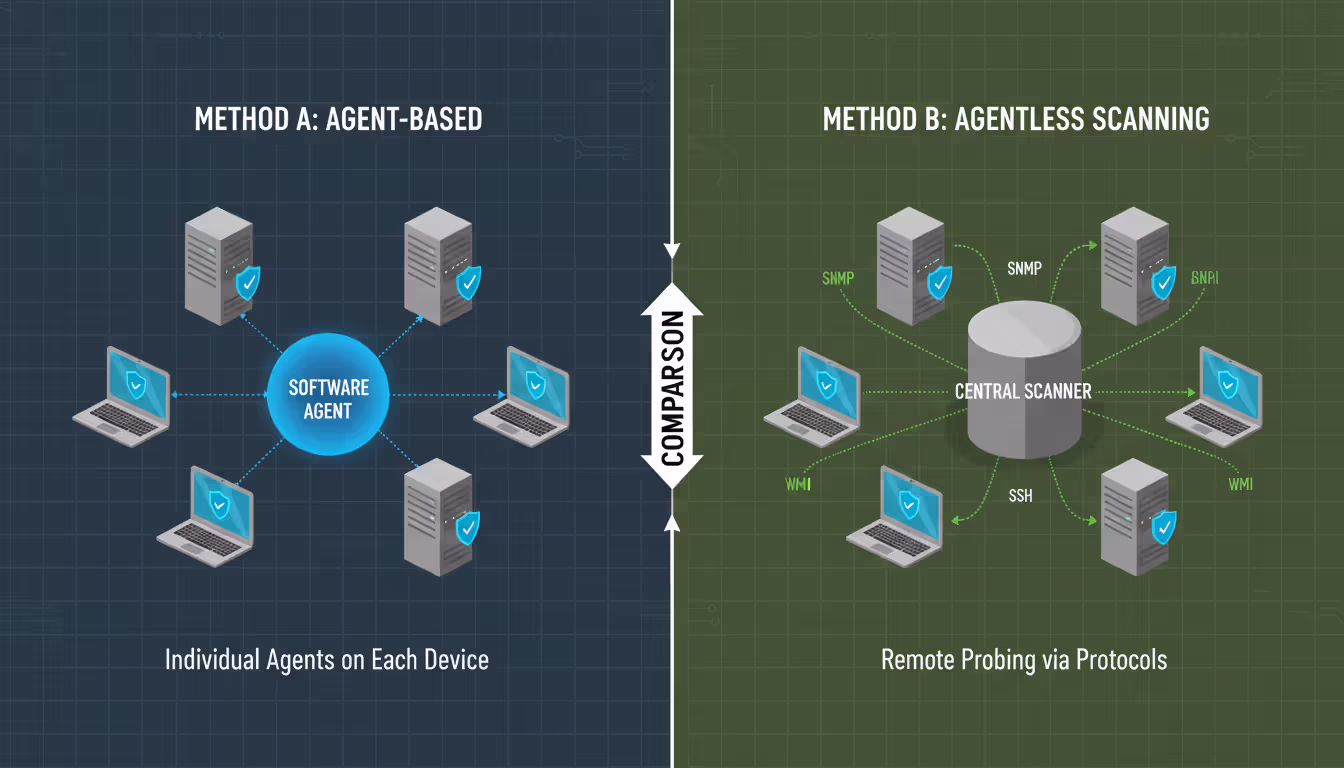 Network discovery tool dashboard on a monitor showing real-time device detection alerts, network activity graphs, and a list of discovered nodes with status indicators