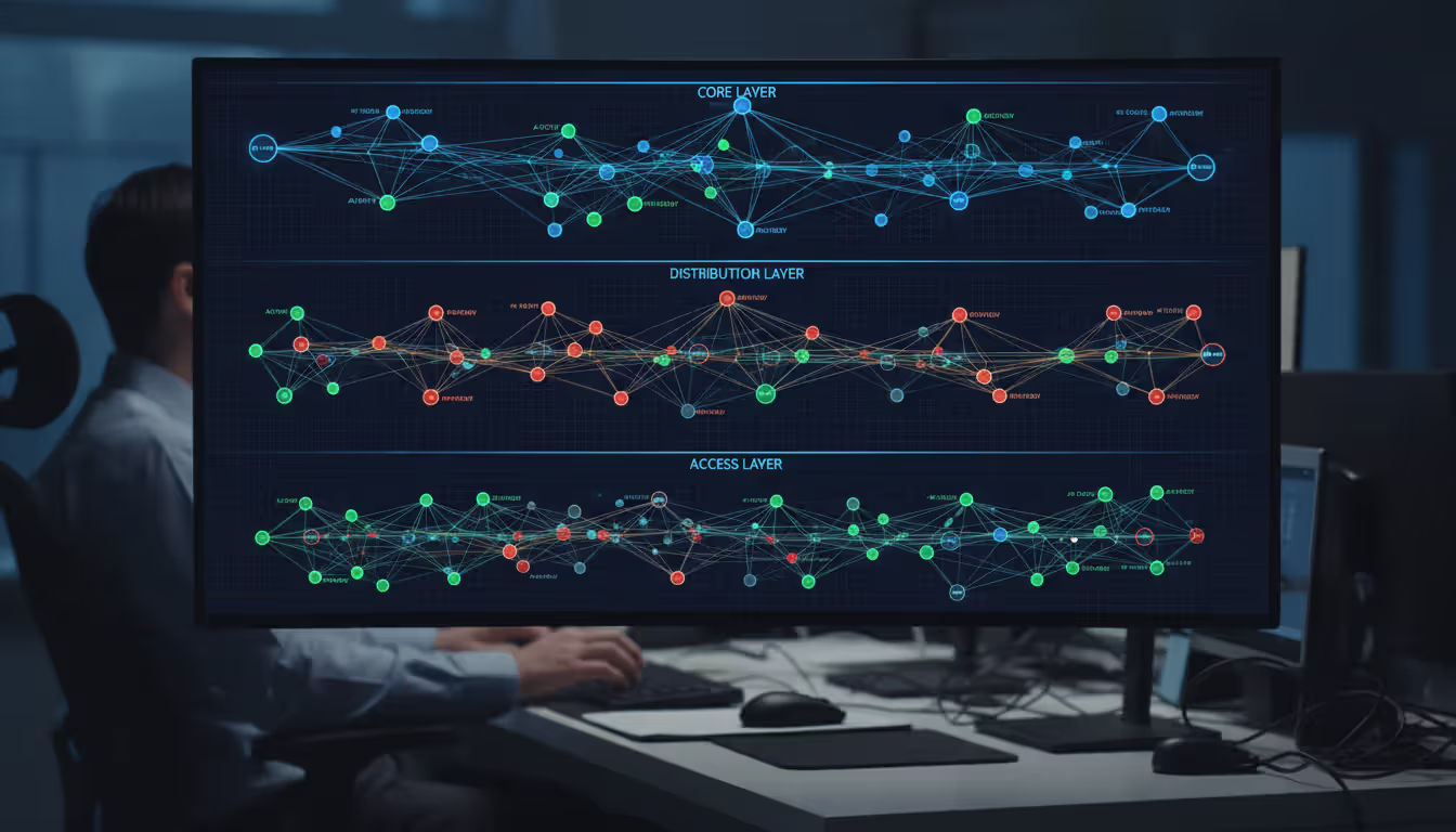 Network topology map displayed on a large monitor showing color-coded nodes connected by lines of varying thickness representing traffic volume across core distribution and access layers